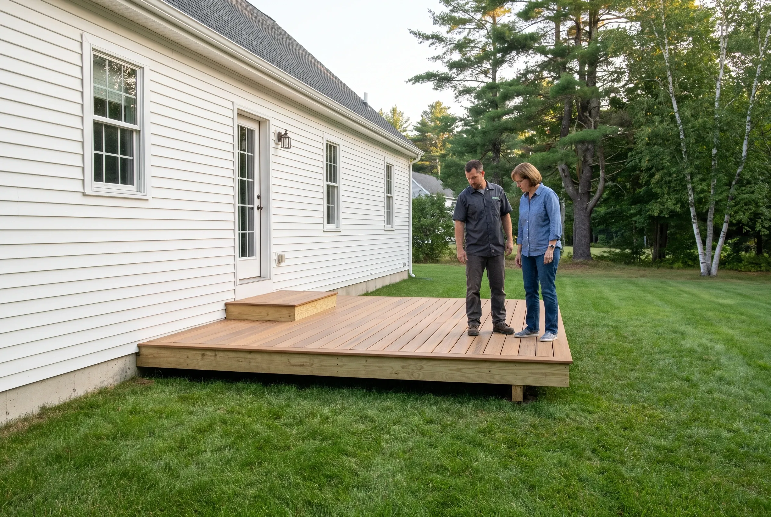 Two people standing on a low wood-toned deck with a step to the door of a white sided house