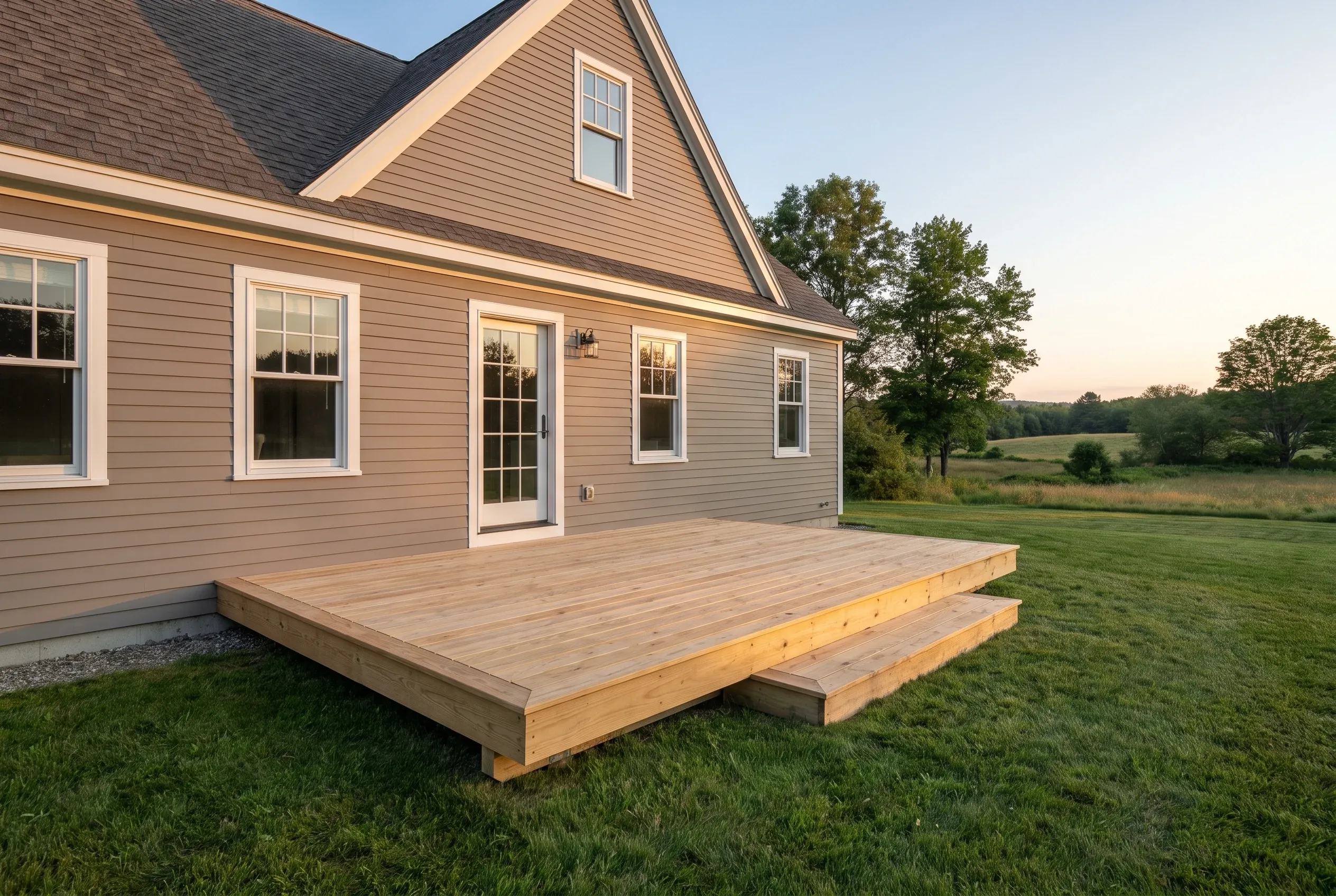 Low wood deck with a side step on grass in front of a tan clapboard house and open field