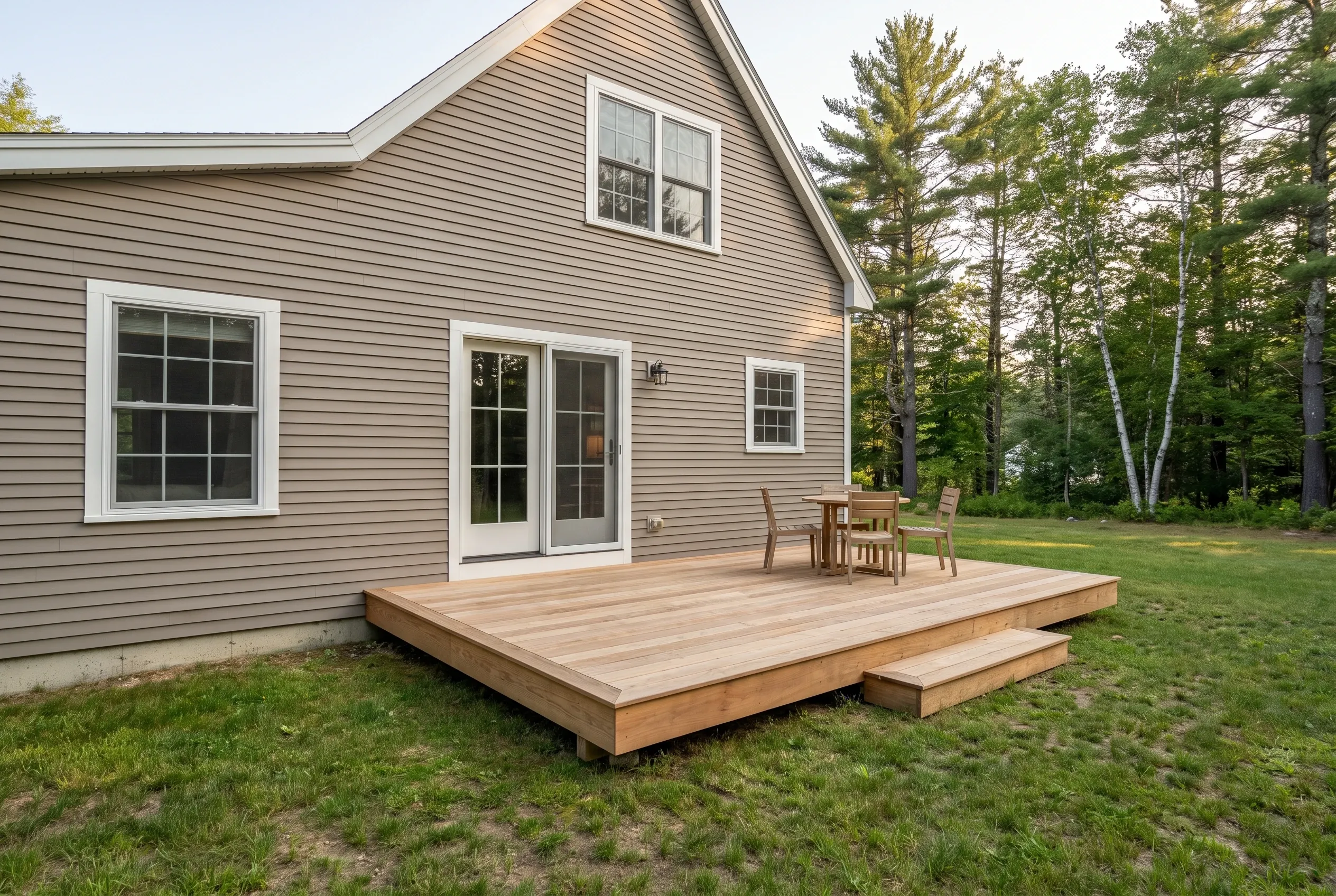Low wood deck with a single step behind a gray two-story house, with a small table and chairs near glass doors