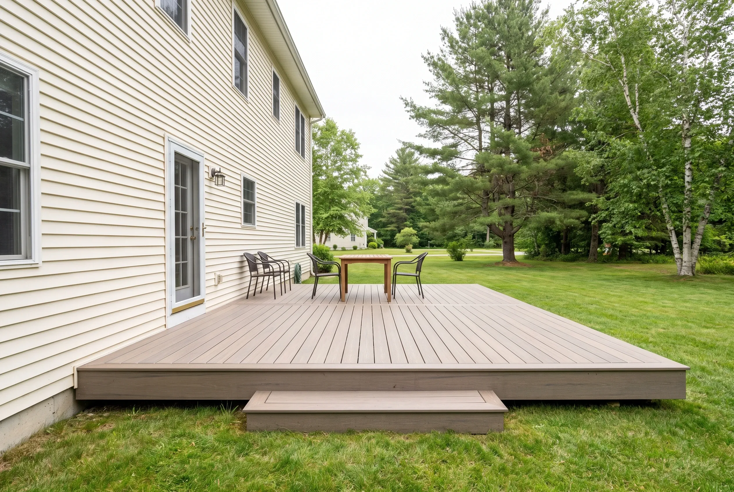 Deck builders in Dayton, ME: low gray-brown deck with a wide step, table and chairs beside a cream-sided two-story house