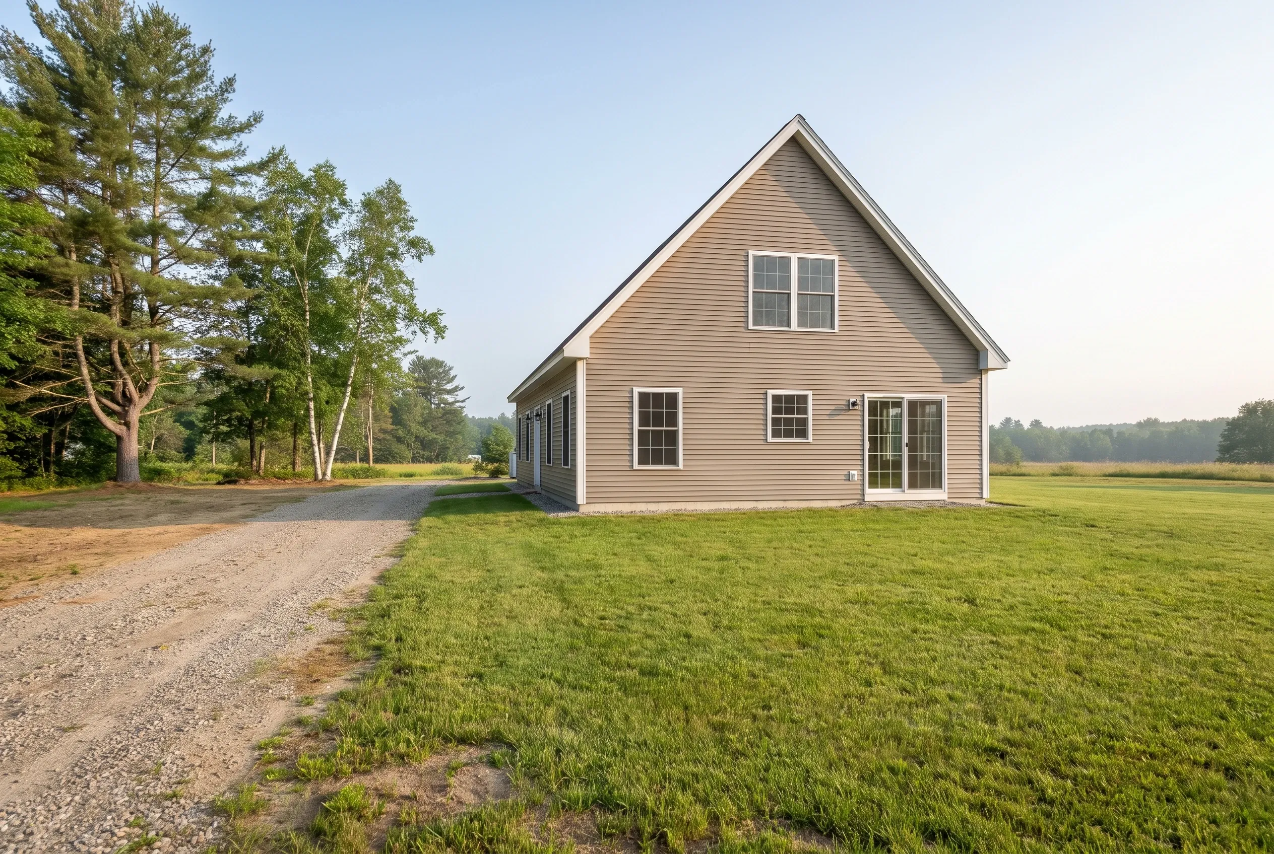 Tan-sided house beside a gravel driveway with an open lawn and trees, shown before any deck construction