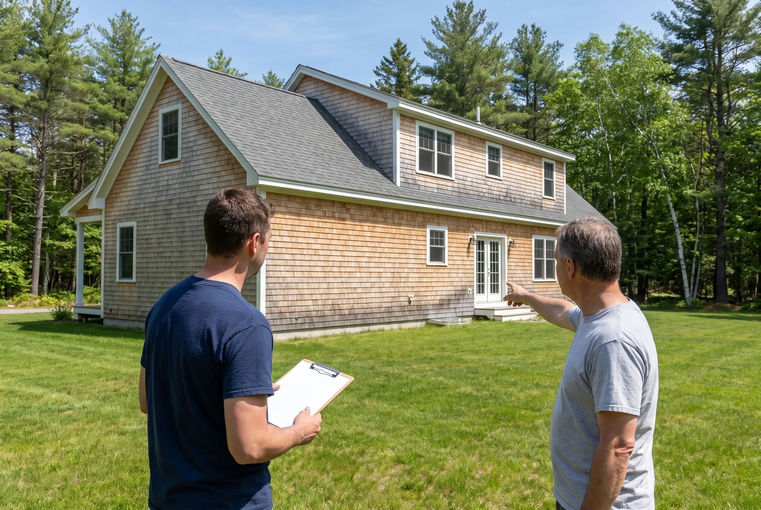 Two men stand on a lawn behind a shingled house, one holding a clipboard while the other points toward the house