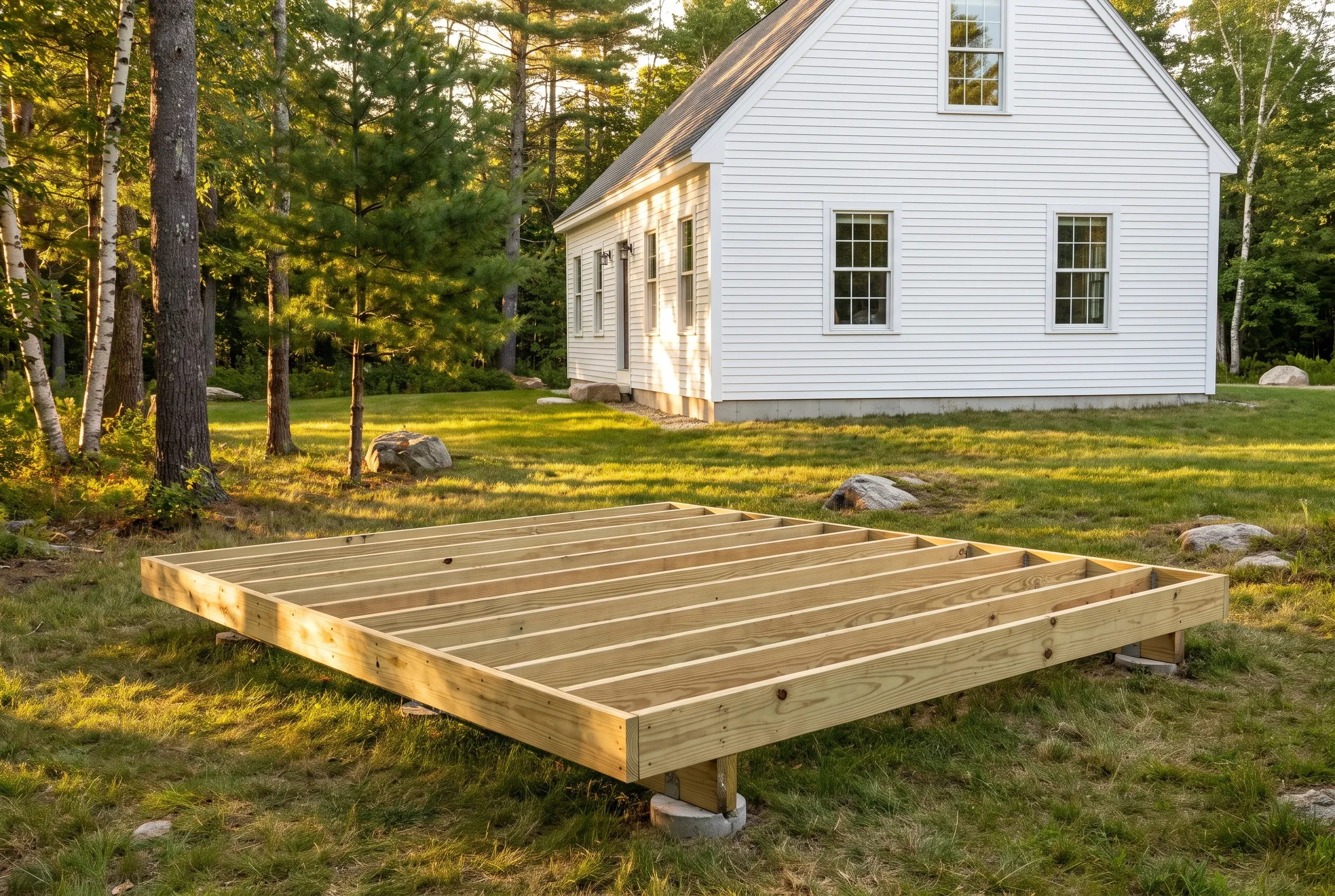 Undecked wood frame of joists resting on blocks in a grassy yard, set away from a white house with trees