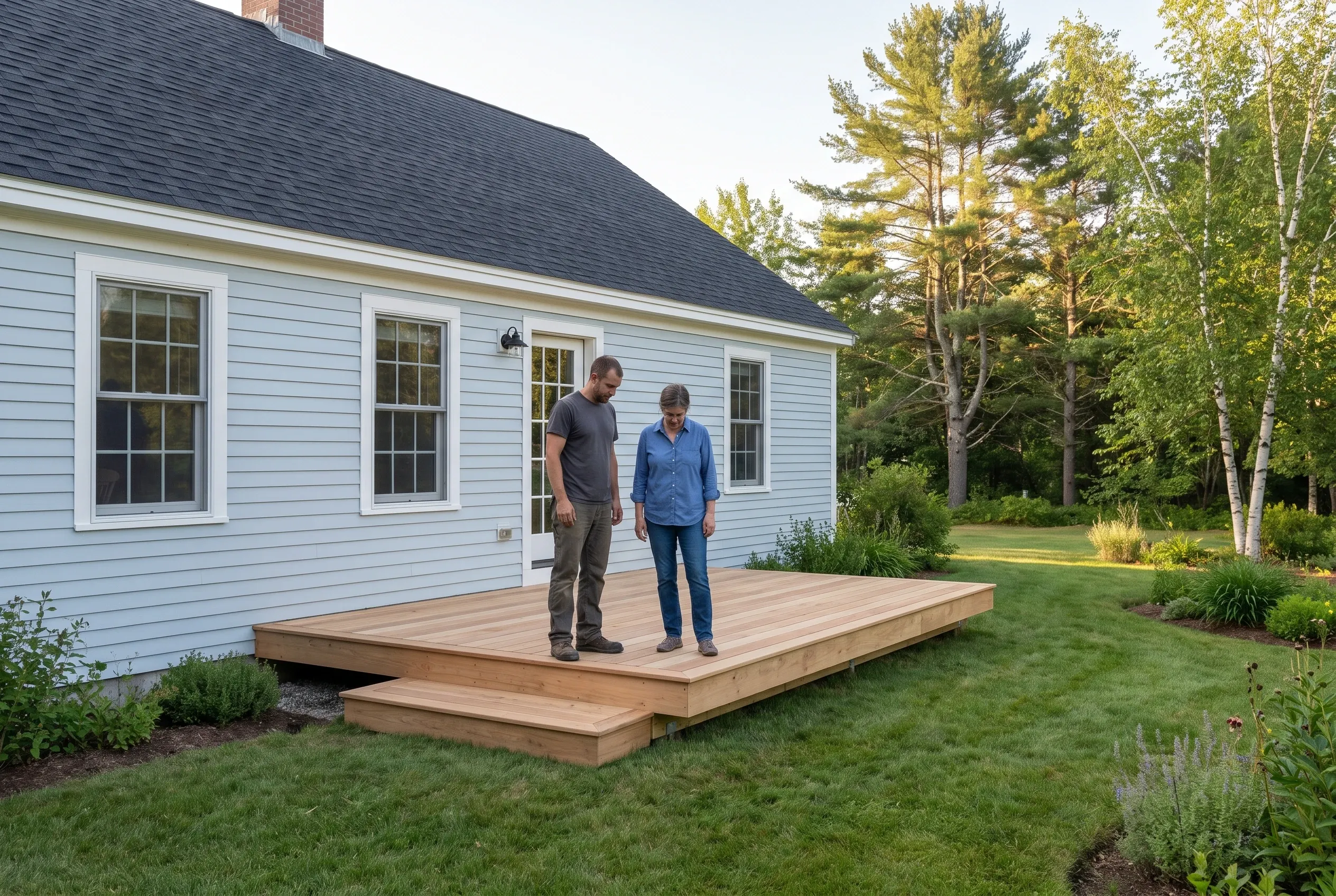 Two people stand on a finished low wood deck with a step, behind a light blue house with landscaped beds