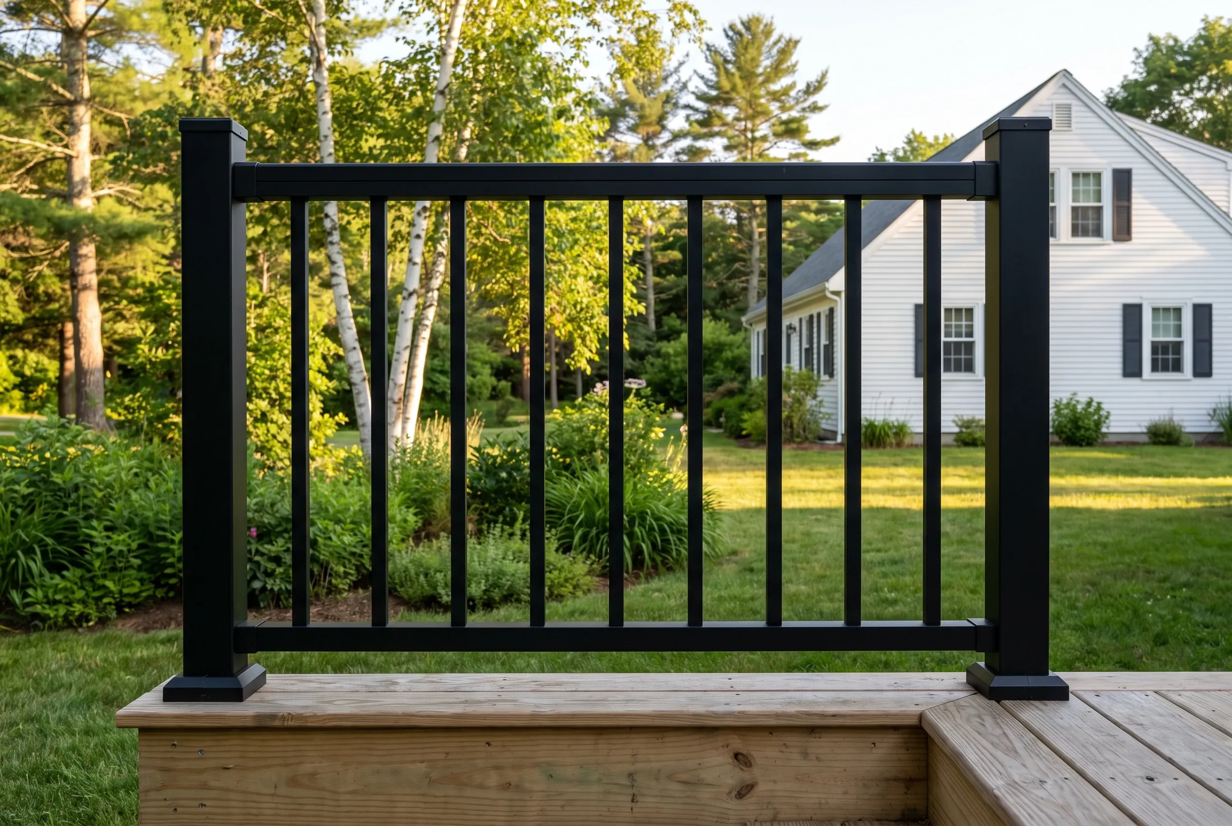 Close view of a black metal railing section with vertical balusters mounted on a wood platform, white house and trees behind