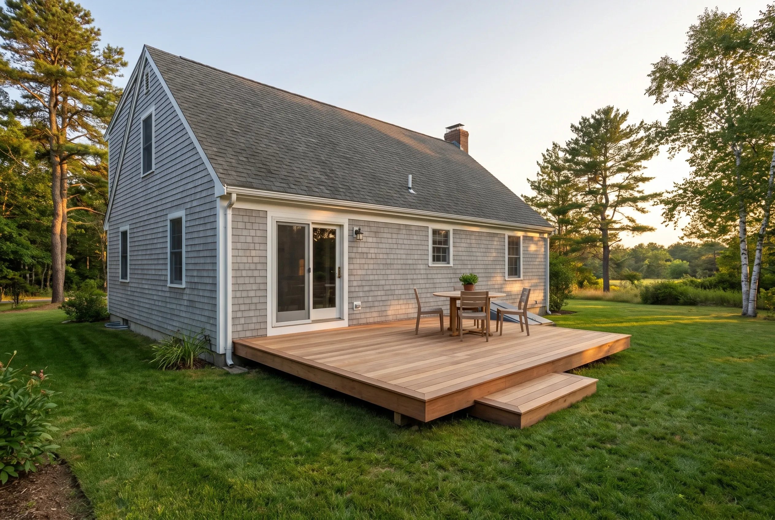 Low wood deck with a step, small table and chairs behind a gray shingled cape-style house at sunset