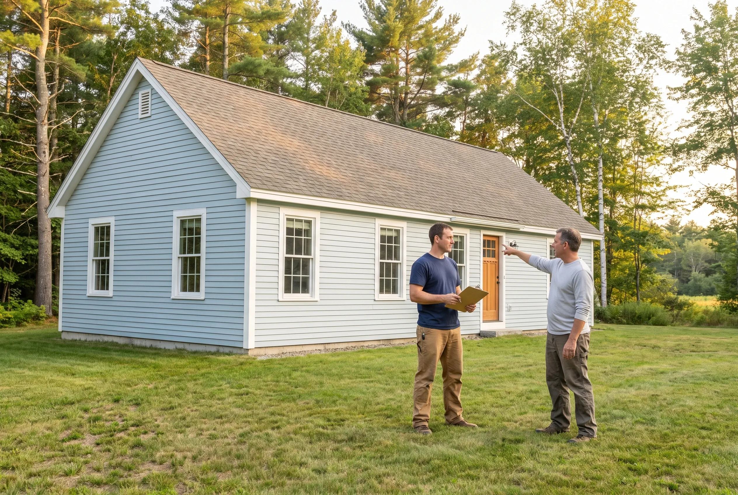 Two men standing on a lawn beside a light blue house, one holding a clipboard while the other points toward the house