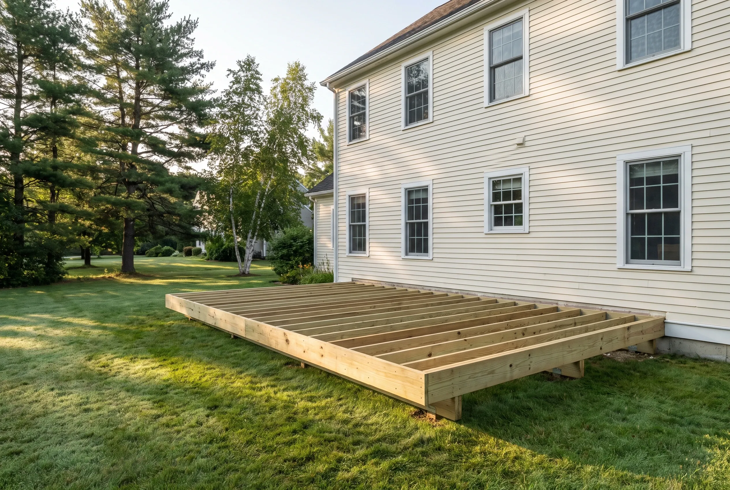Undecked wood joist framing for a low deck set on a lawn beside a white two-story house with tall trees