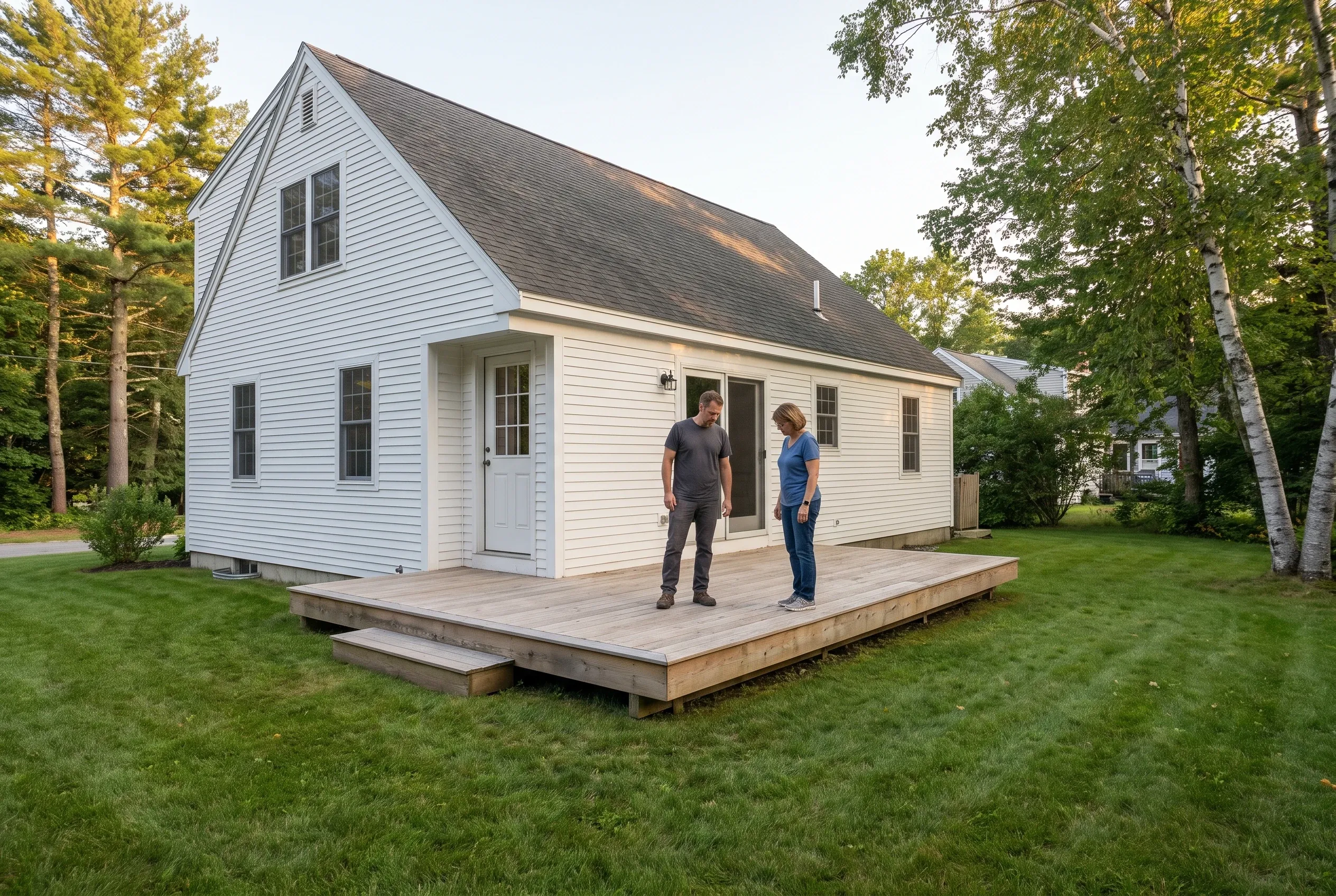 Two people standing on a finished low wood deck with a step, outside the rear door of a white house