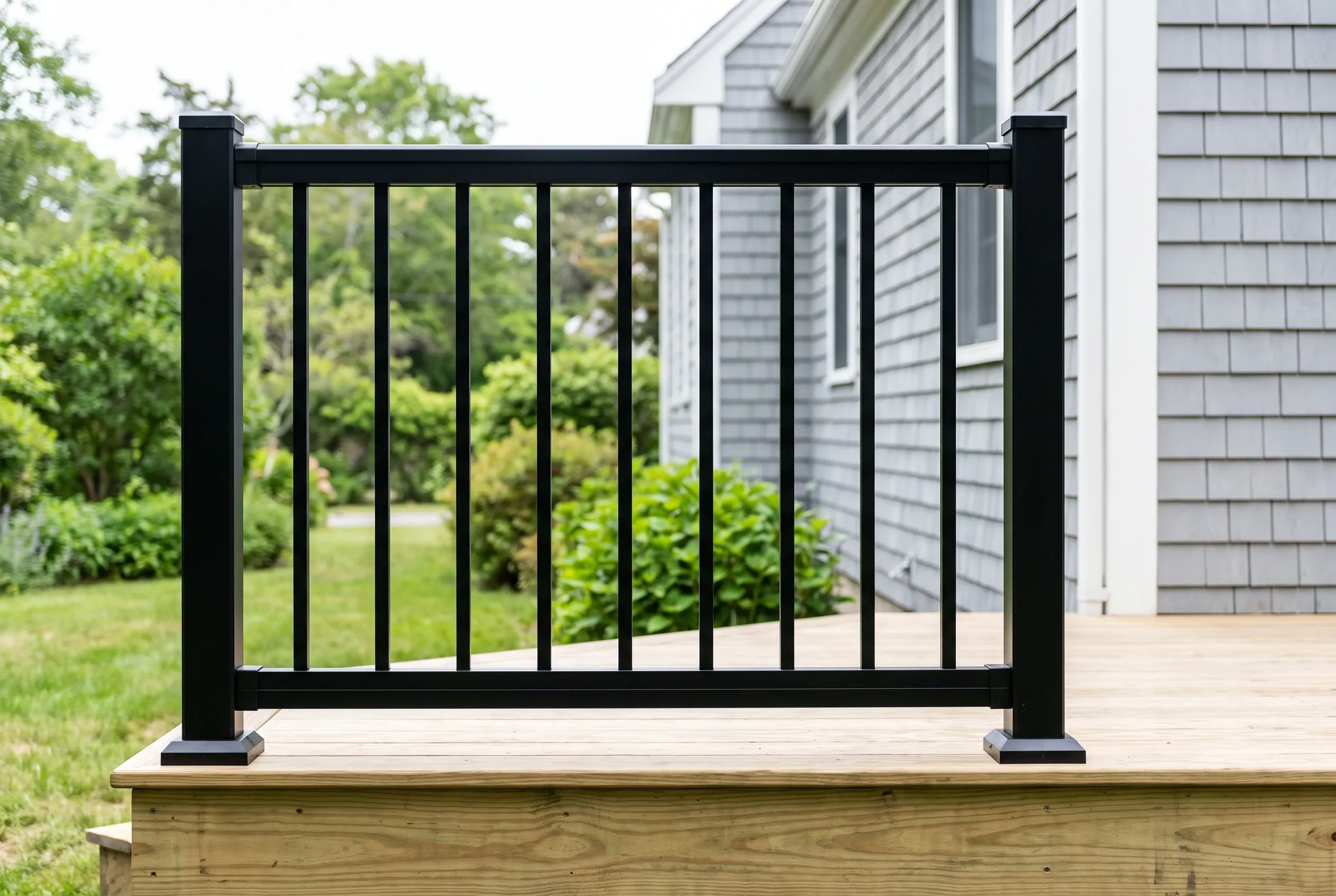 Black railing section with square posts and vertical balusters on a light wood deck beside a gray shingled house