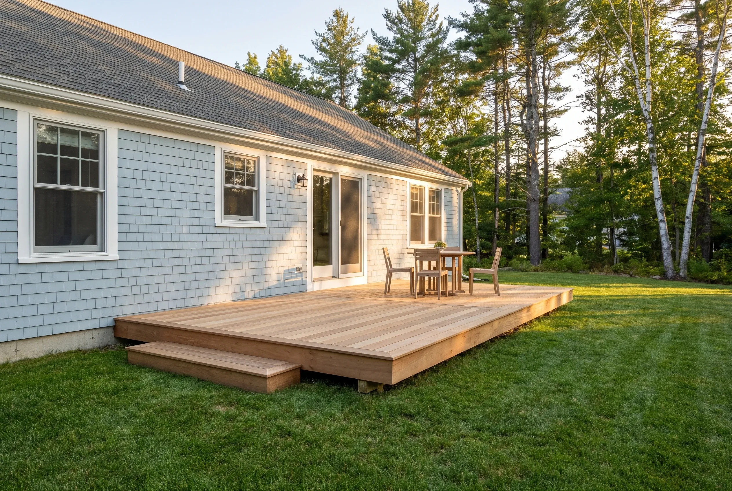 Low wood-toned deck with a step, small table and chairs behind a light blue shingled house with trees