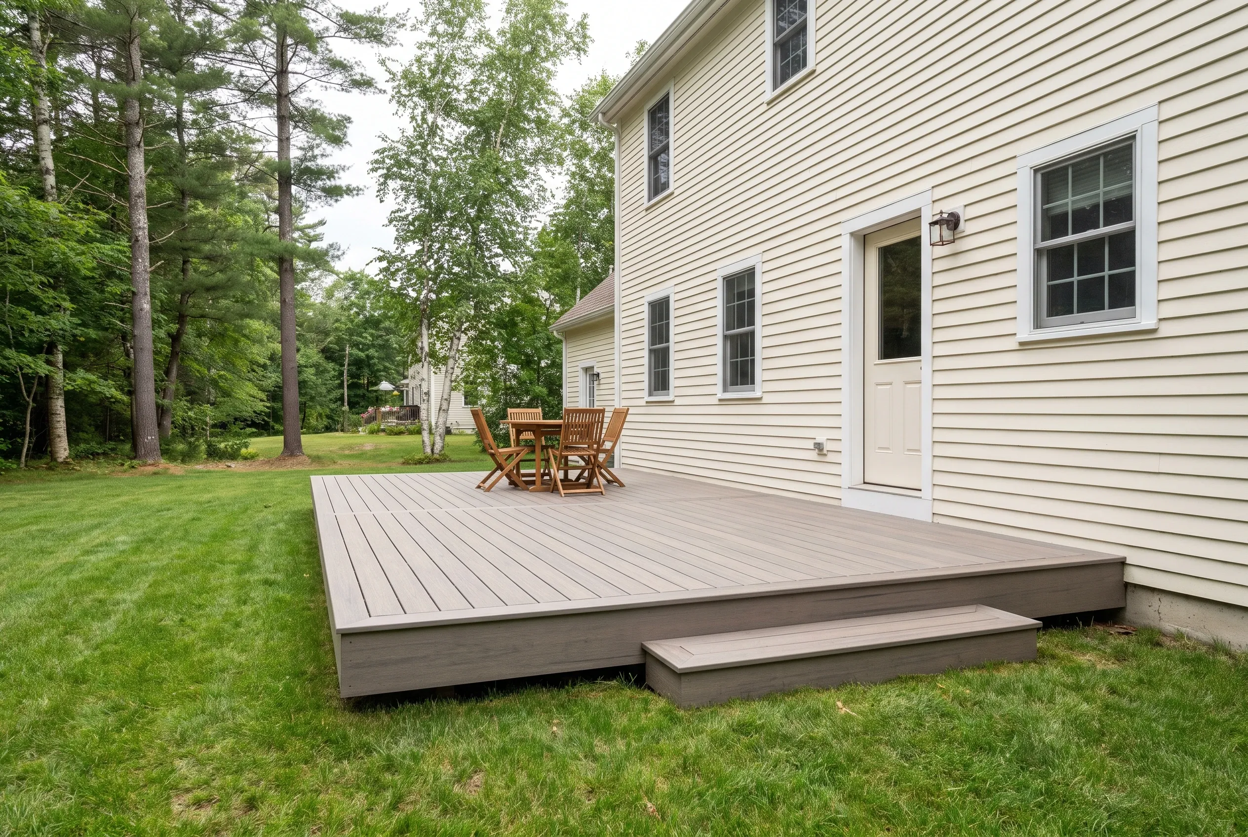 Deck builders in Falmouth, ME: low gray-brown deck with a step, table and chairs beside a cream sided house