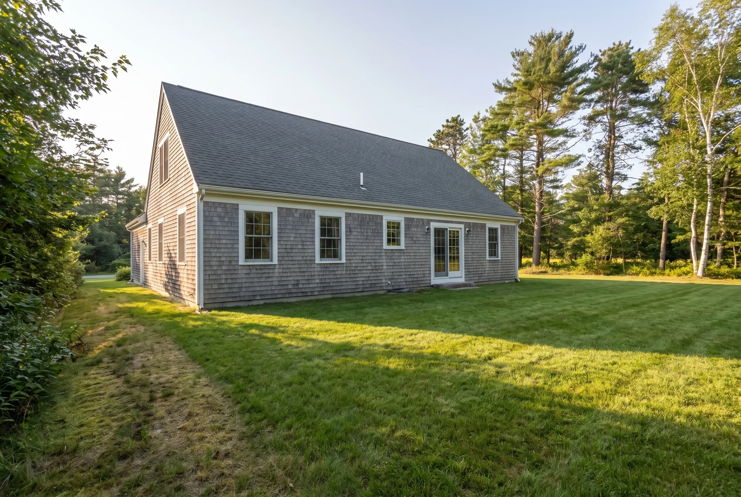 Gray shingled Cape-style house with a wide mowed lawn, tall pine and birch trees, and no deck in the backyard