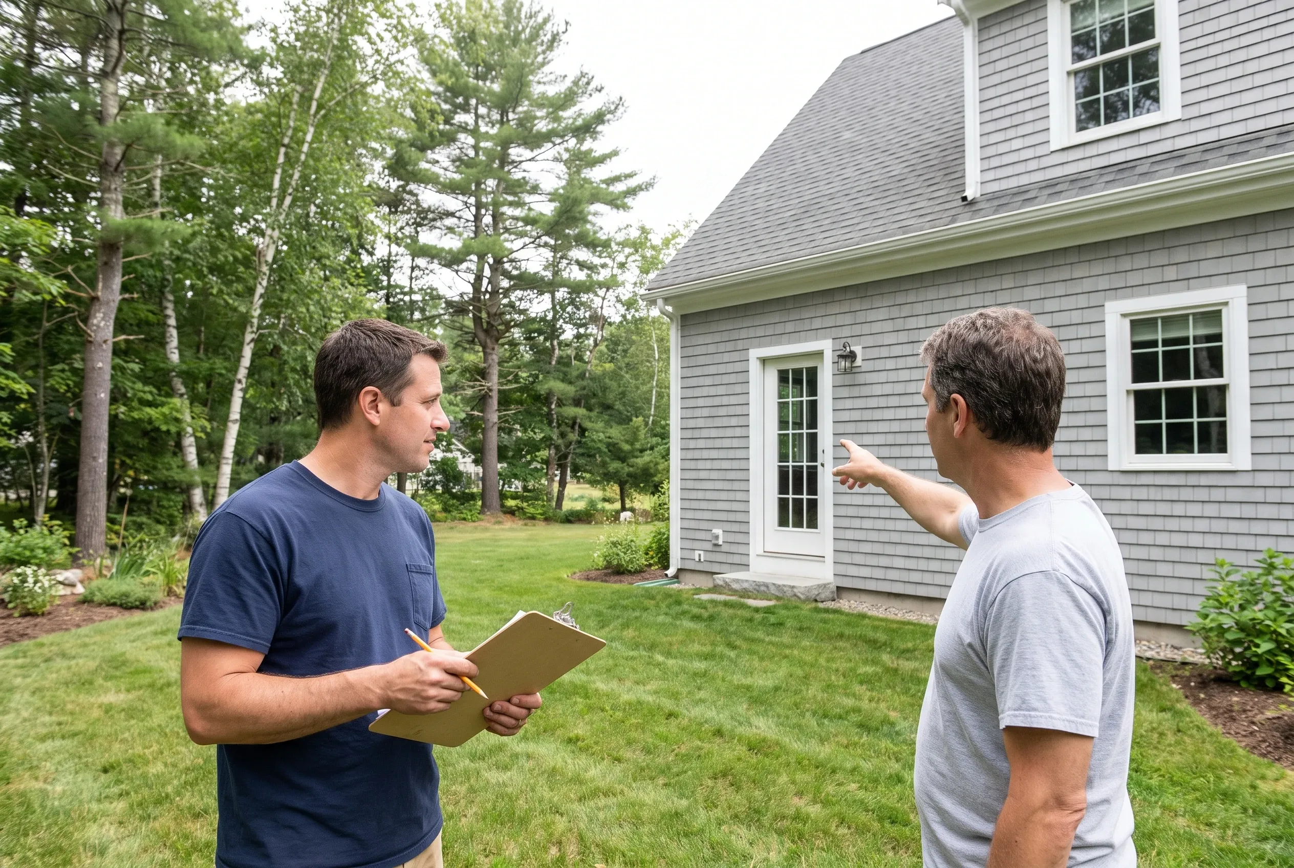 Two men talking on a lawn beside a gray shingled house; one holds a clipboard while the other points toward the back door