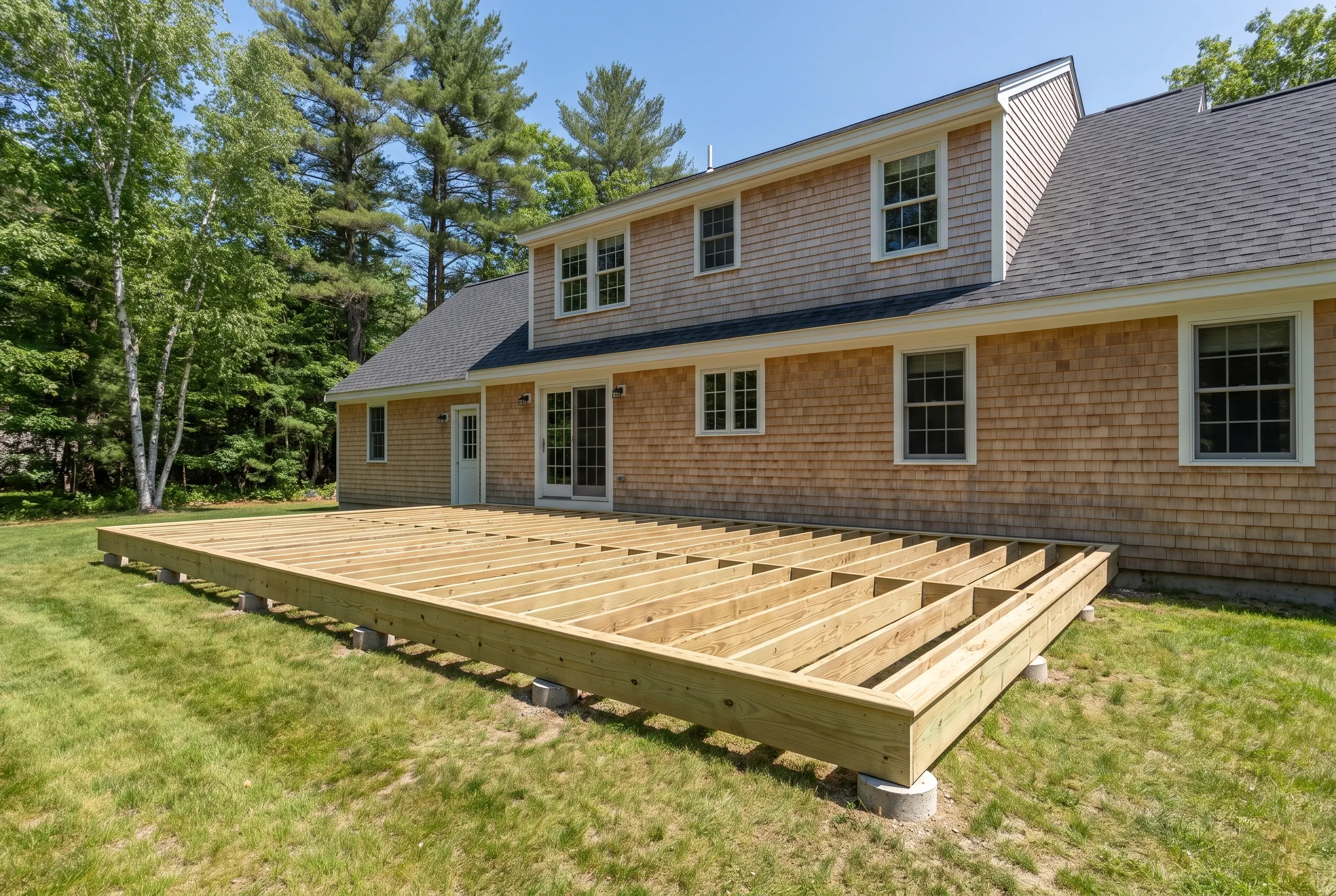 Undecked wood deck frame with joists and rim boards set on concrete footings in a lawn behind a shingled two-story house