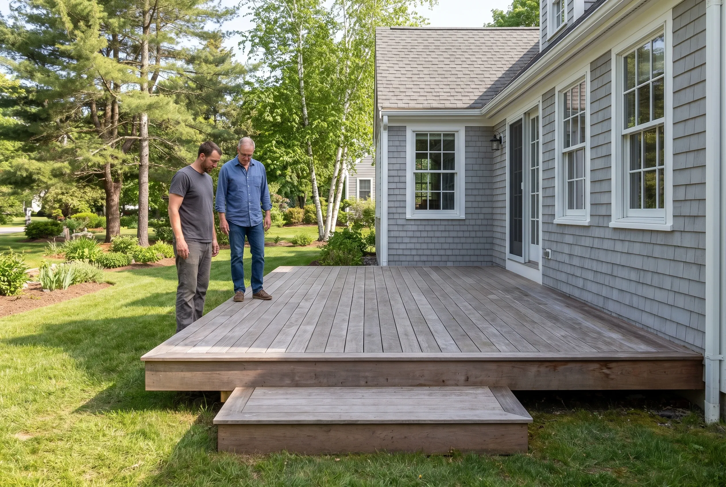 Two men standing on a low gray weathered wood deck with a wide step, attached to a gray shingled house