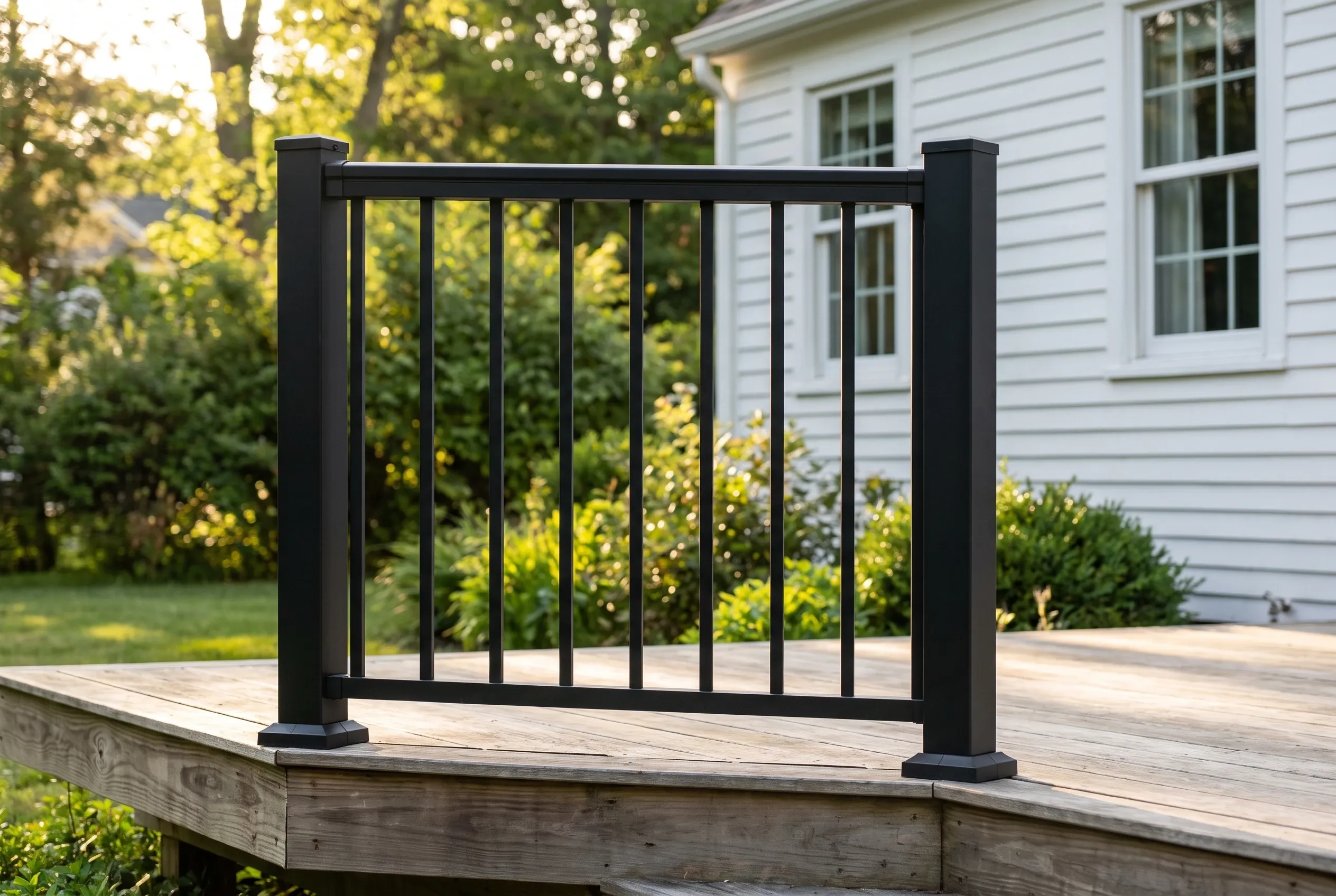 Black metal railing section on a weathered wood deck with an angled corner beside a white clapboard house and garden