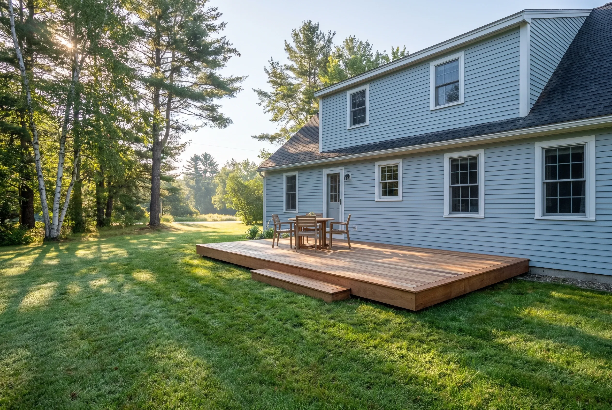 Low wood deck with a table, chairs, and a step behind a blue-sided two-story house on a sunlit lawn