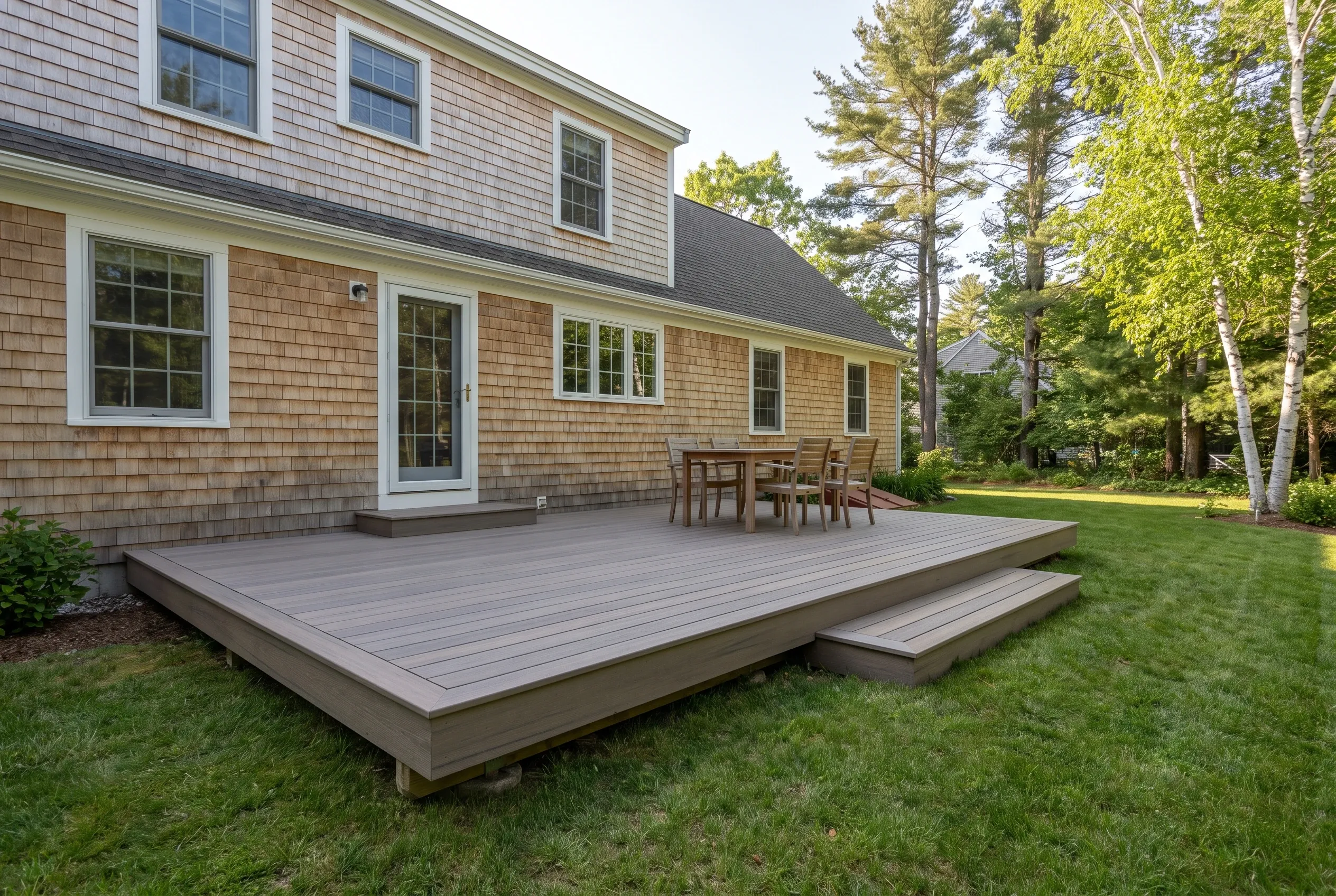 Deck builders in Freeport, ME: low gray-brown deck with table, chairs, and a step behind a cedar-shingled two-story house