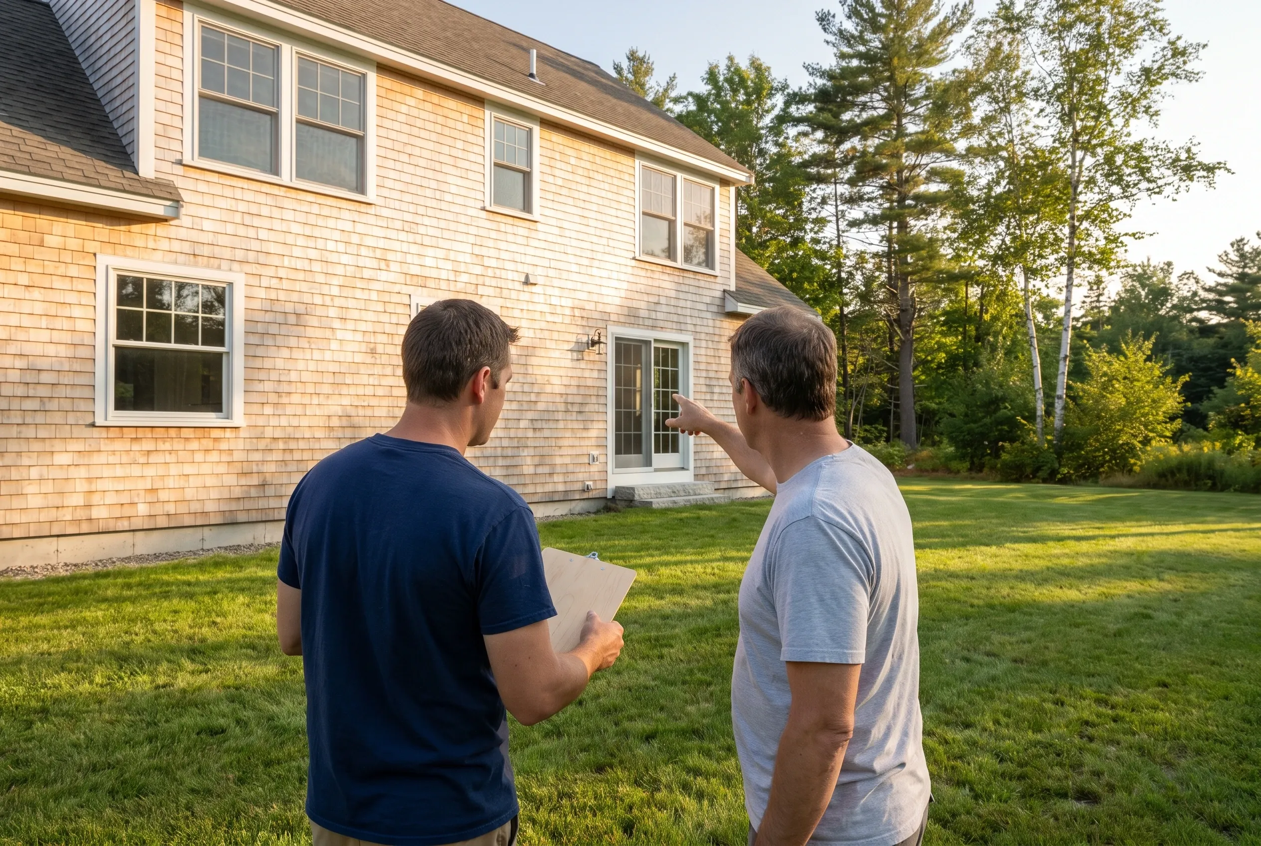 Two men standing on a lawn behind a cedar-shingled house; one holds papers while the other points toward the rear door