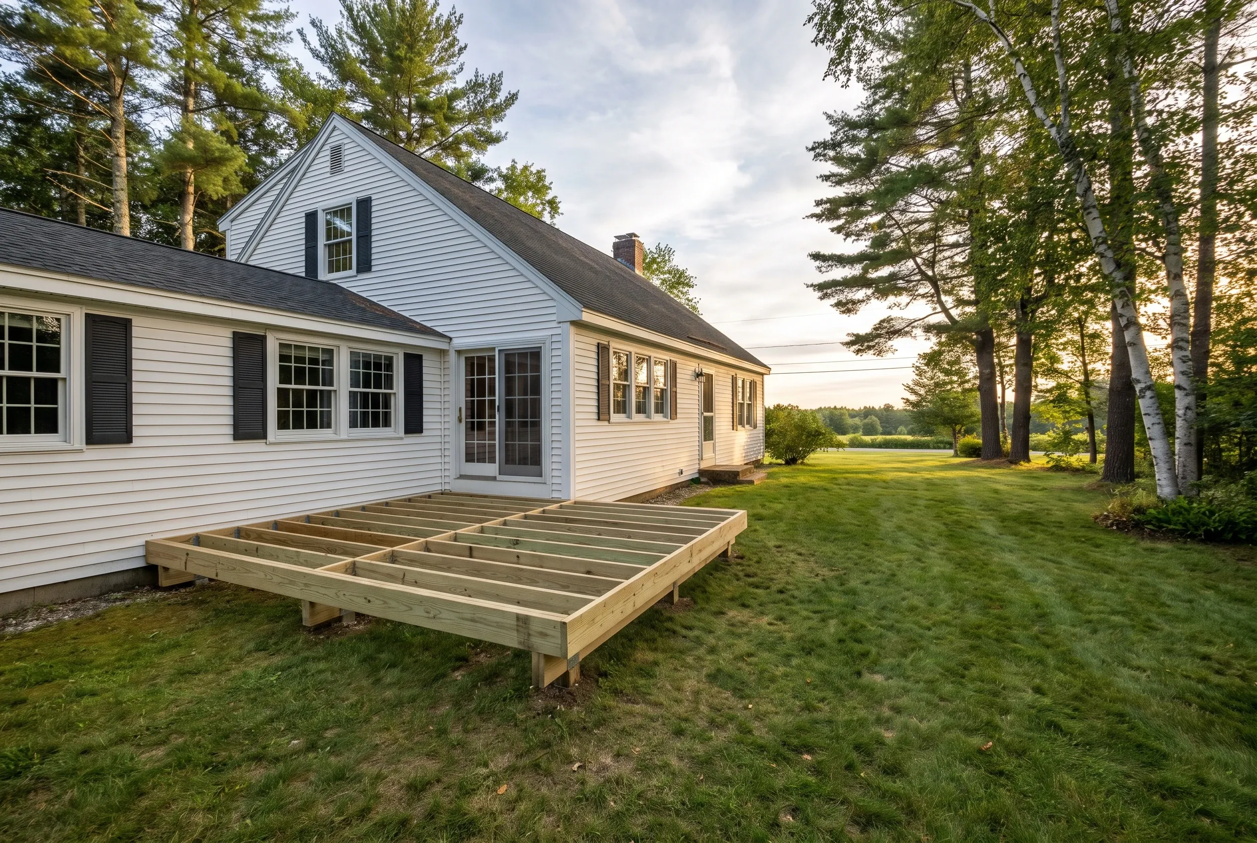 Undecked wood joist framing for a low deck on a grass lawn beside a white clapboard house with tall pine trees