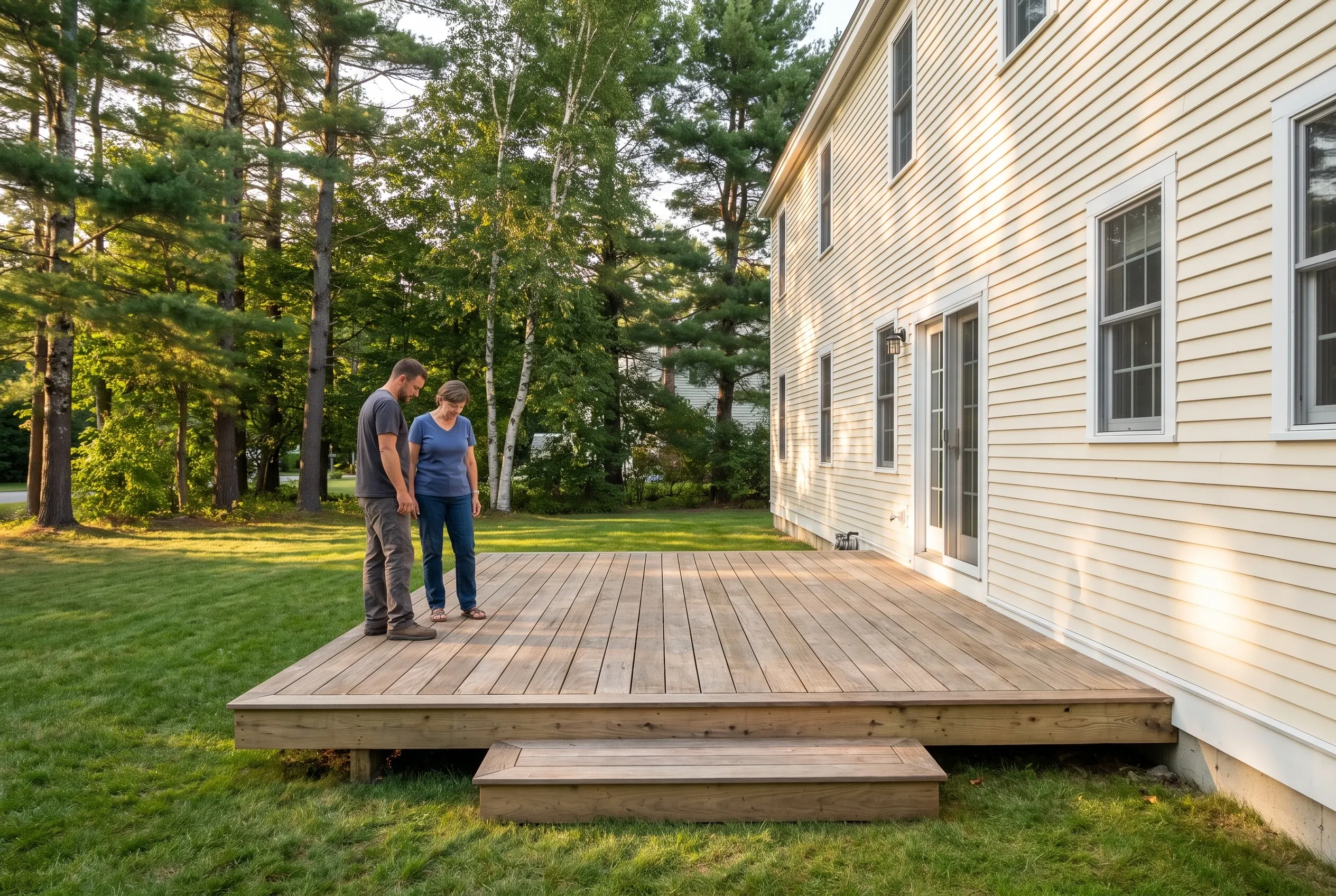 Two people standing on a finished low wood deck with a single step beside a white clapboard house and pine trees