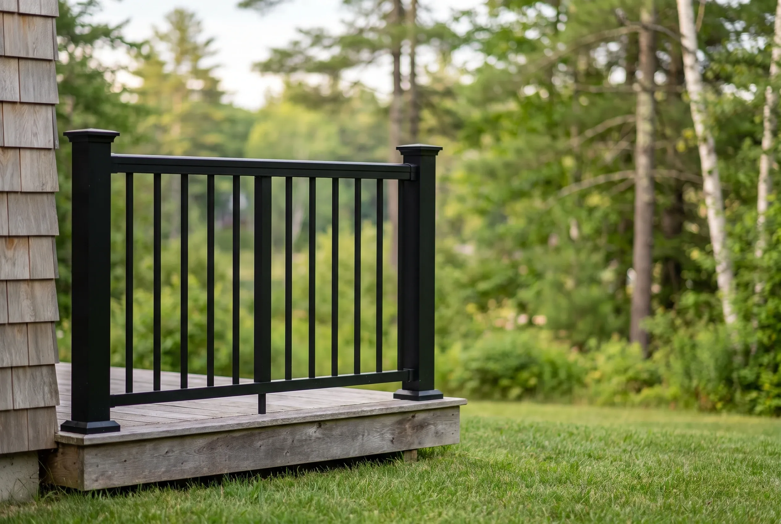 Close view of a black metal railing section with square posts mounted on a low weathered deck beside shingled siding