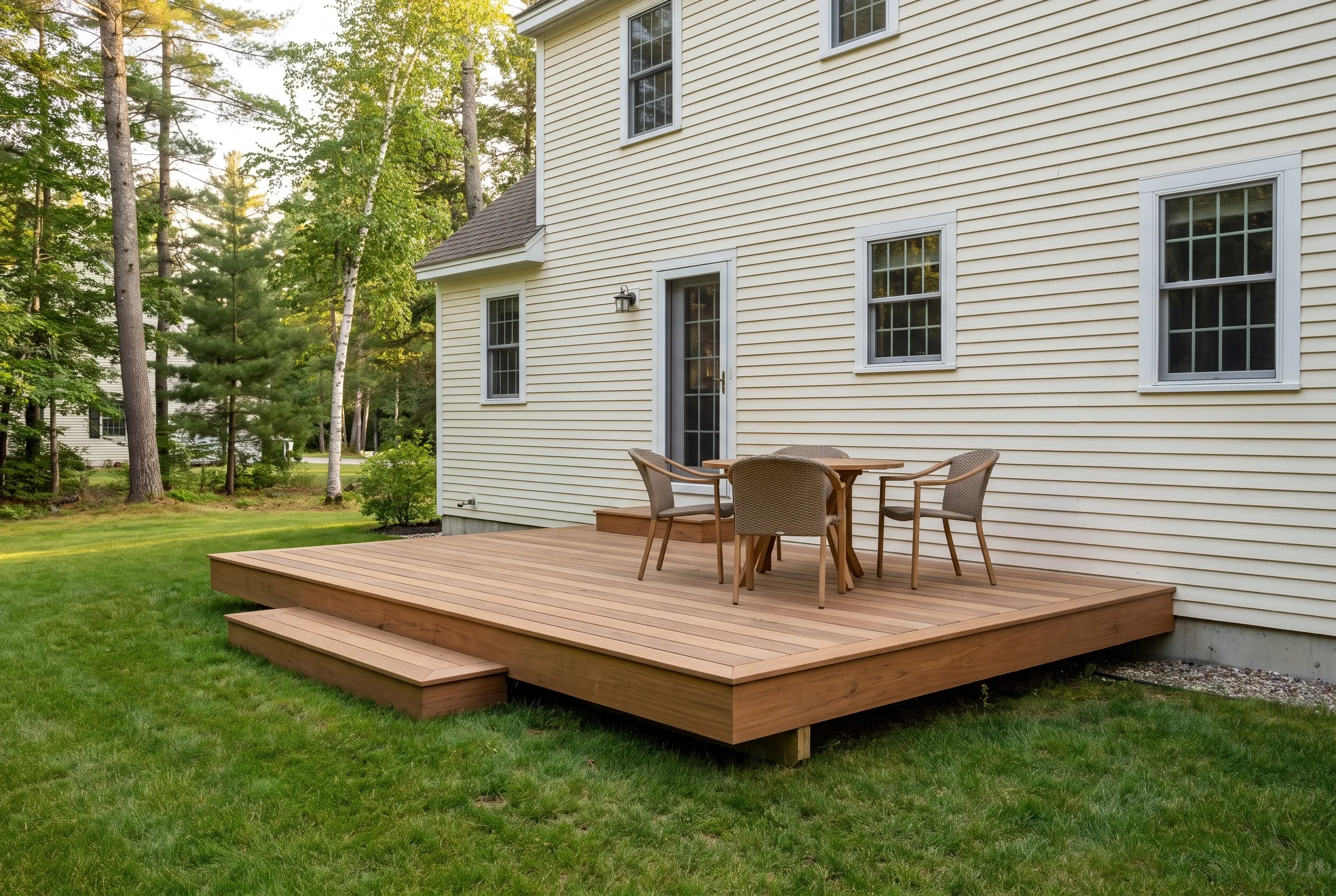 Low brown deck with a step holding a round table and wicker chairs beside a cream clapboard house