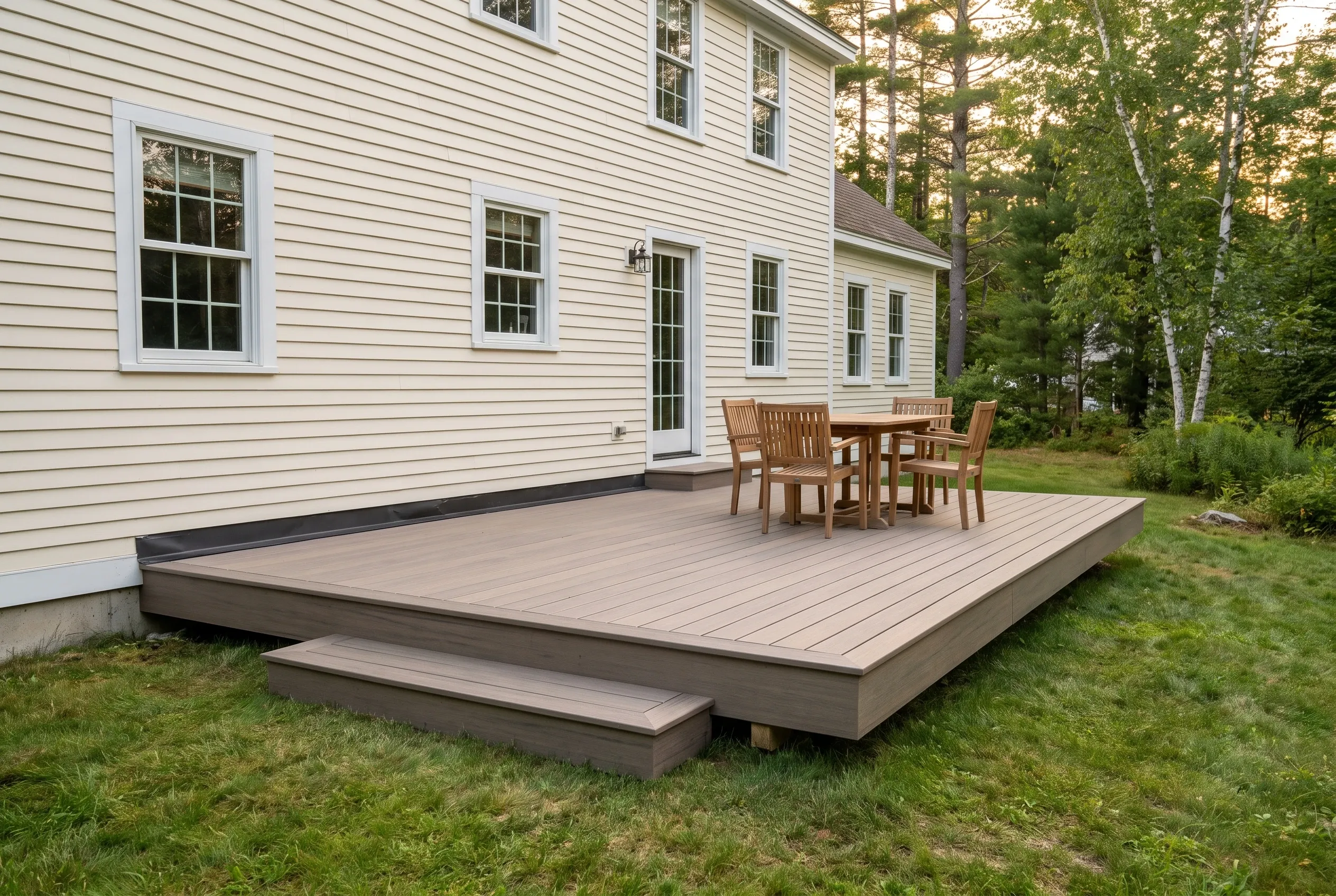 Deck builders in Frye Island, ME: low brown deck with a wide step, table and chairs, beside a cream clapboard house