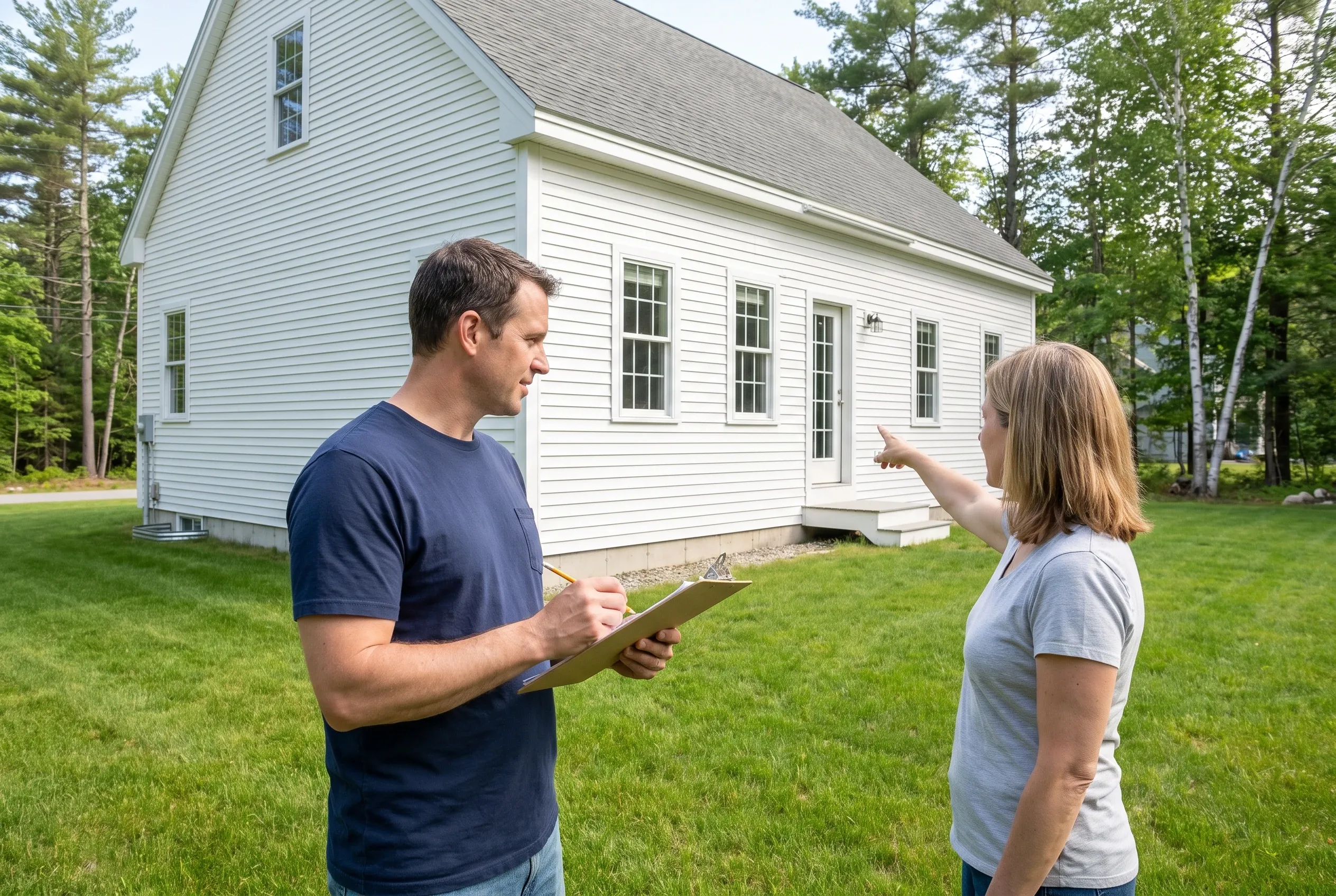 Man holding a clipboard and woman pointing toward the rear of a white house while standing on a lawn