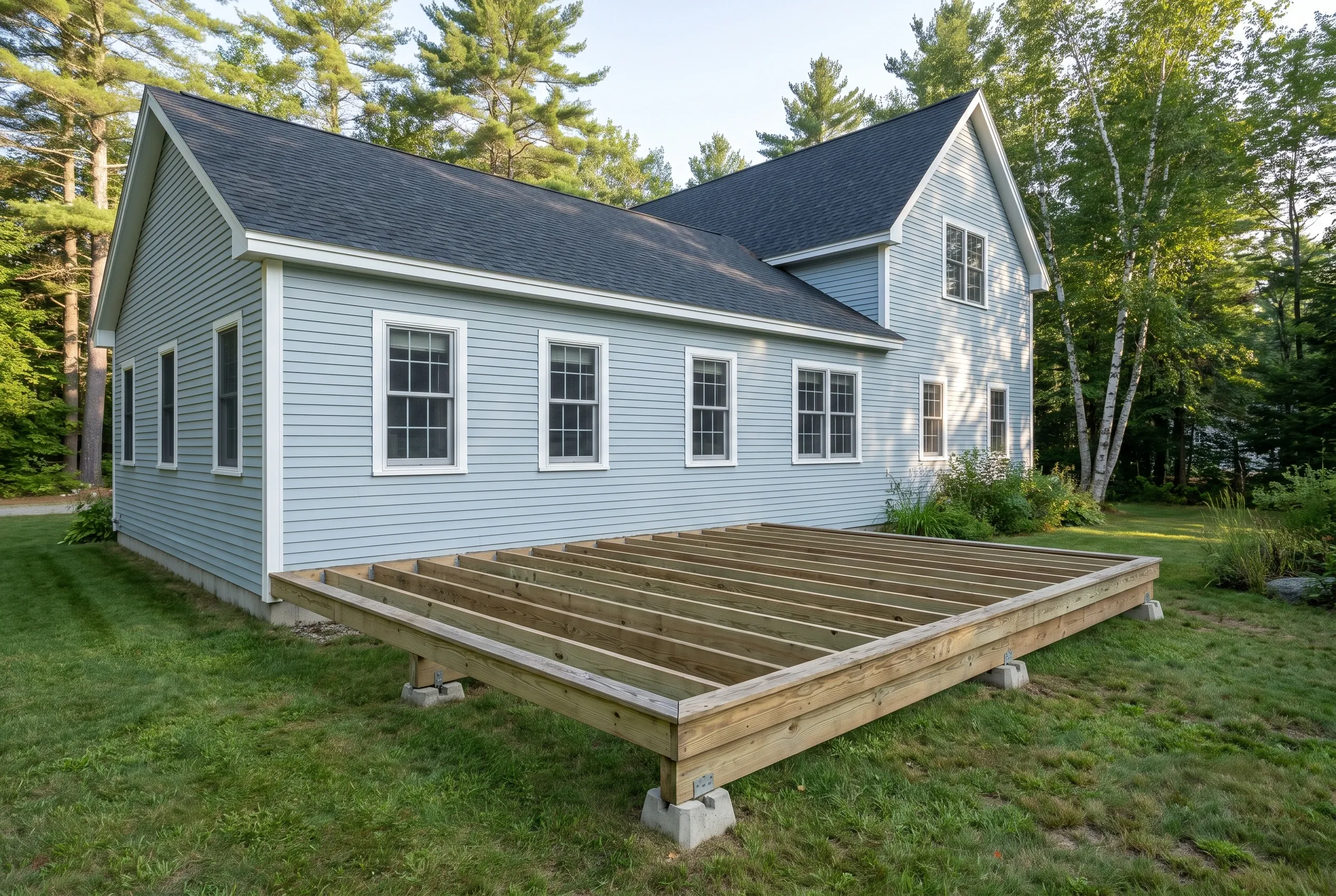 Undecked wood joist framing resting on concrete blocks on a lawn beside a light blue clapboard house