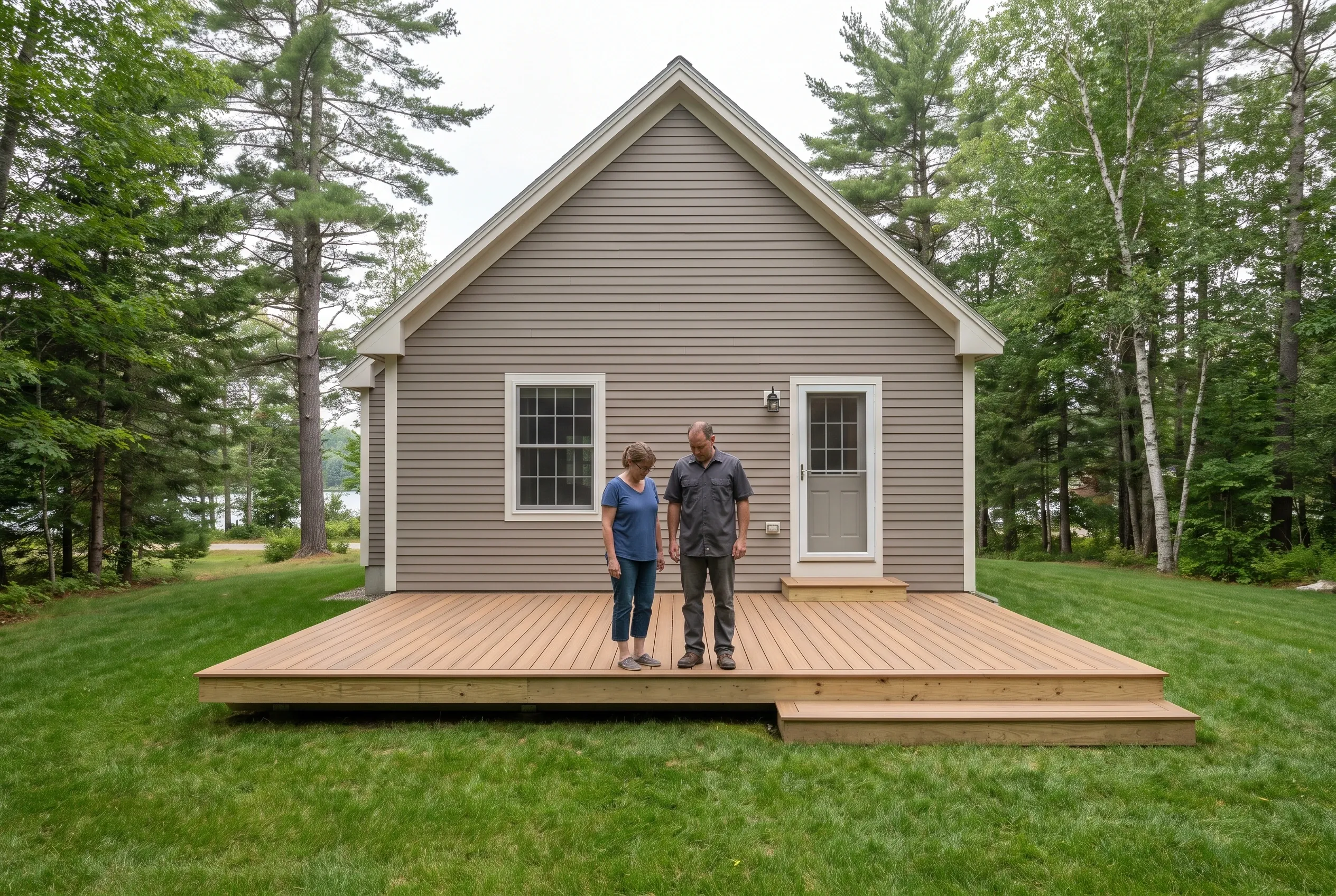 Two people standing on a finished low tan deck with a step in front of a tan sided house and trees