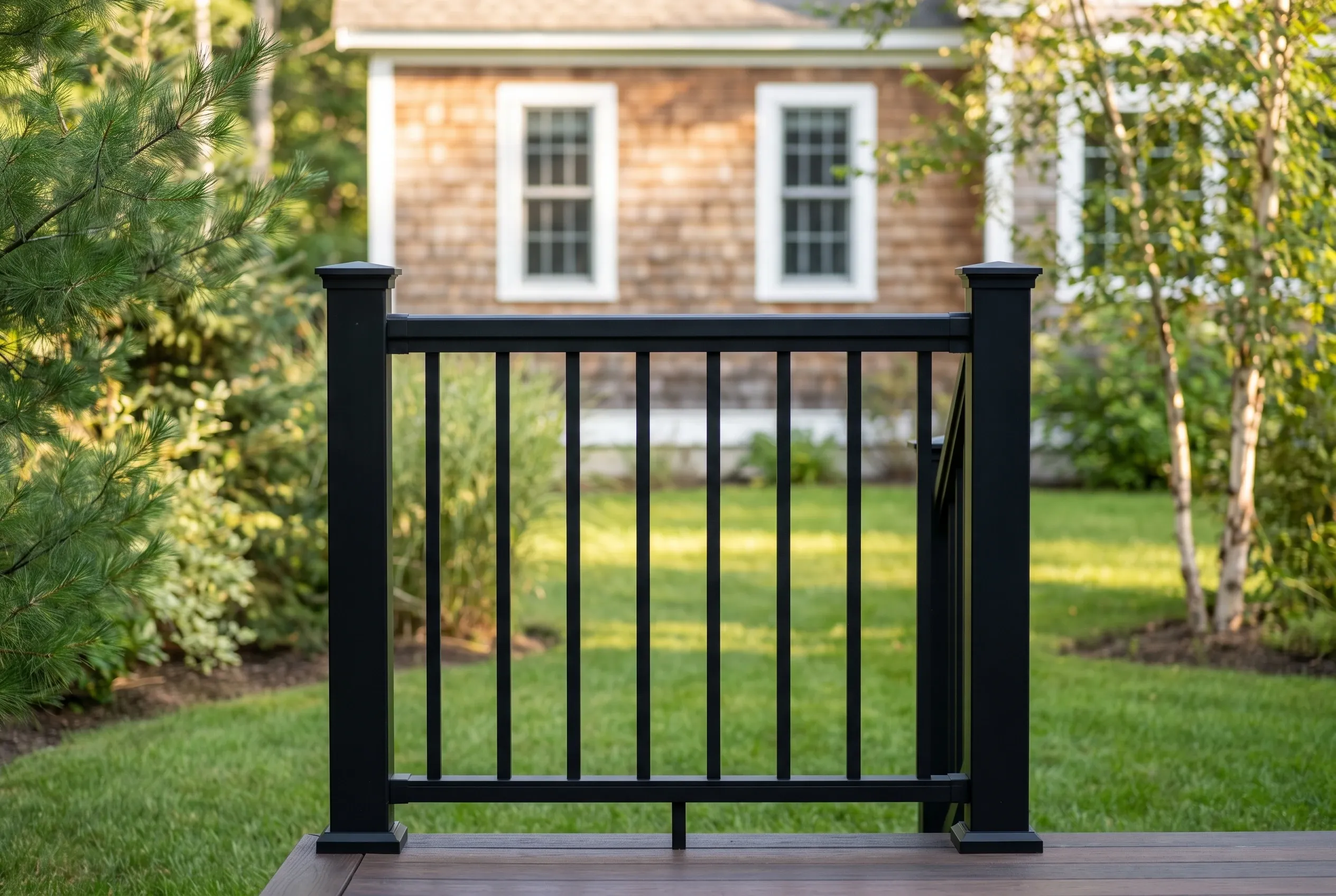 Close view of a black metal railing section with vertical balusters on a deck edge, with lawn, trees, and a shingled house behind