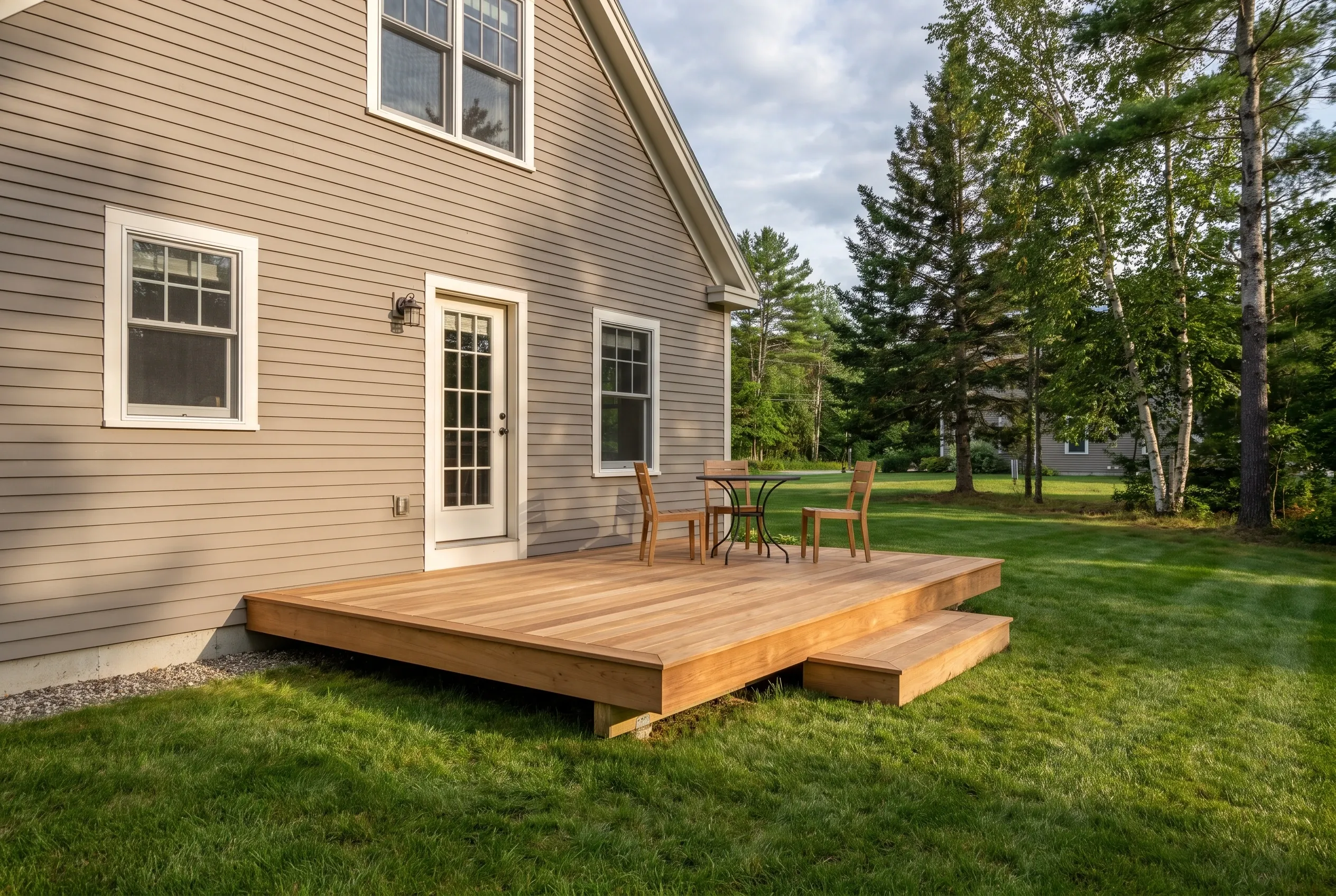 Low wood deck with a step, a small table and chairs, beside a taupe-sided house with a rear door and lawn