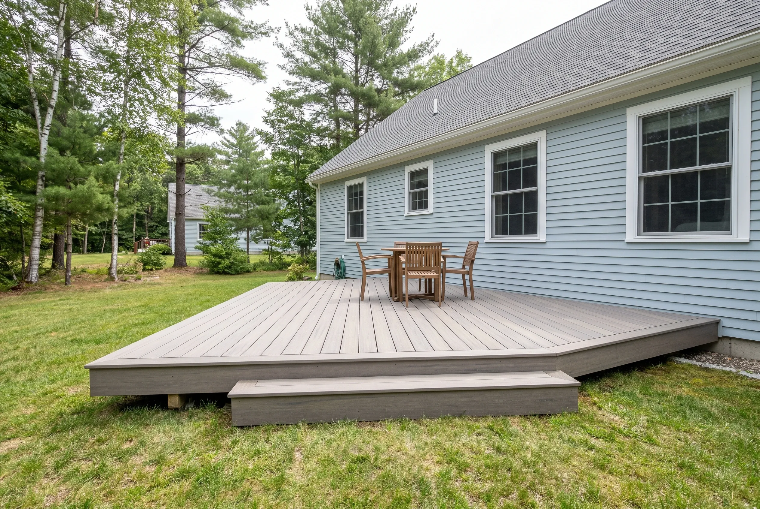 Deck builders in Gorham, ME: low gray deck with angled corner, long step, and table with chairs behind a light blue house