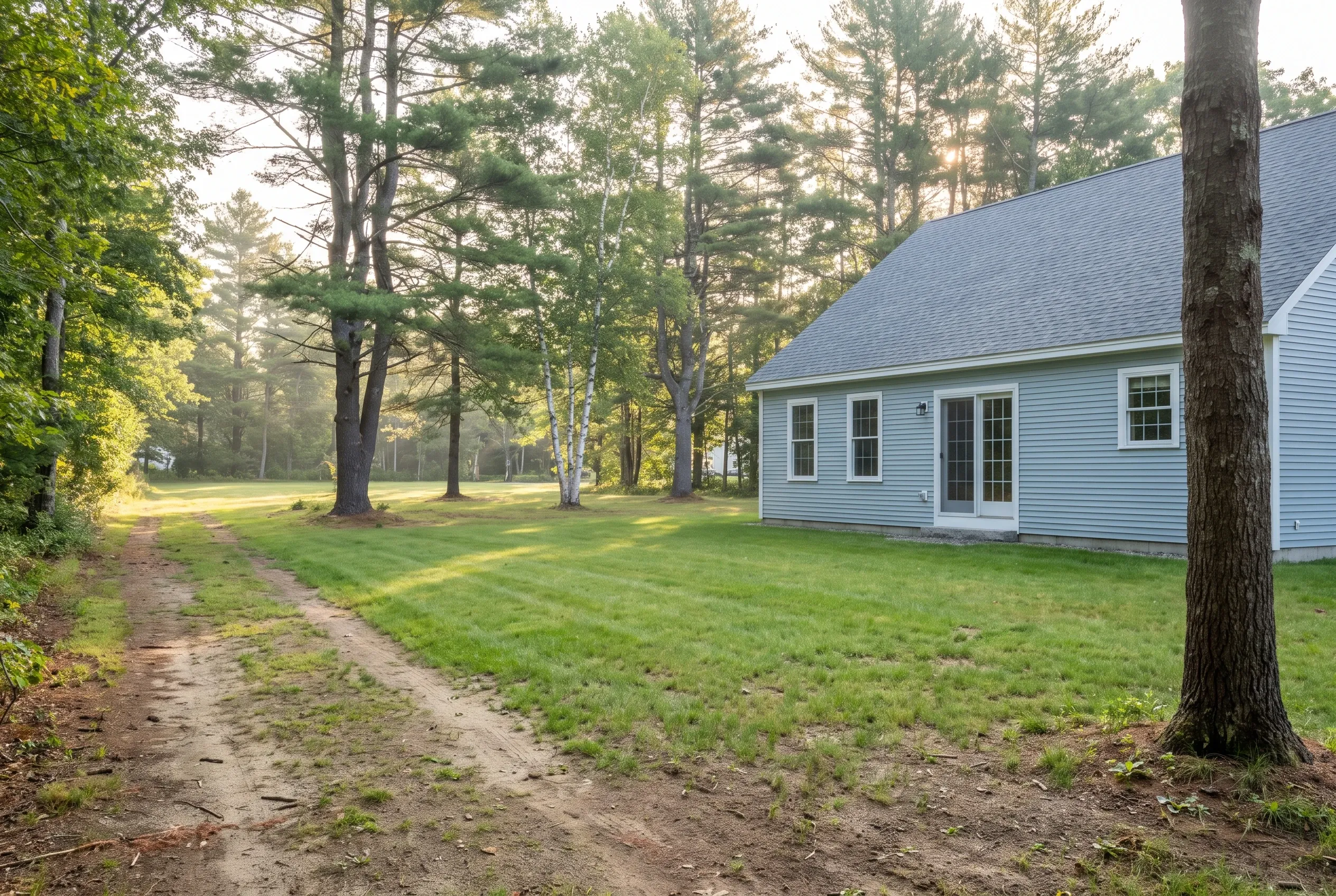 Backyard with a dirt vehicle track, open lawn, tall pines, and a light blue house with sliding doors and no deck