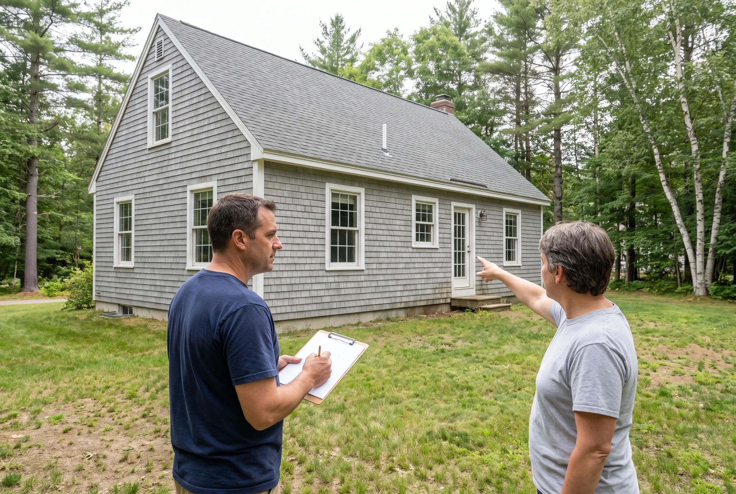 Two people talking in a backyard; one holds a clipboard while the other points toward the rear of a gray shingled house