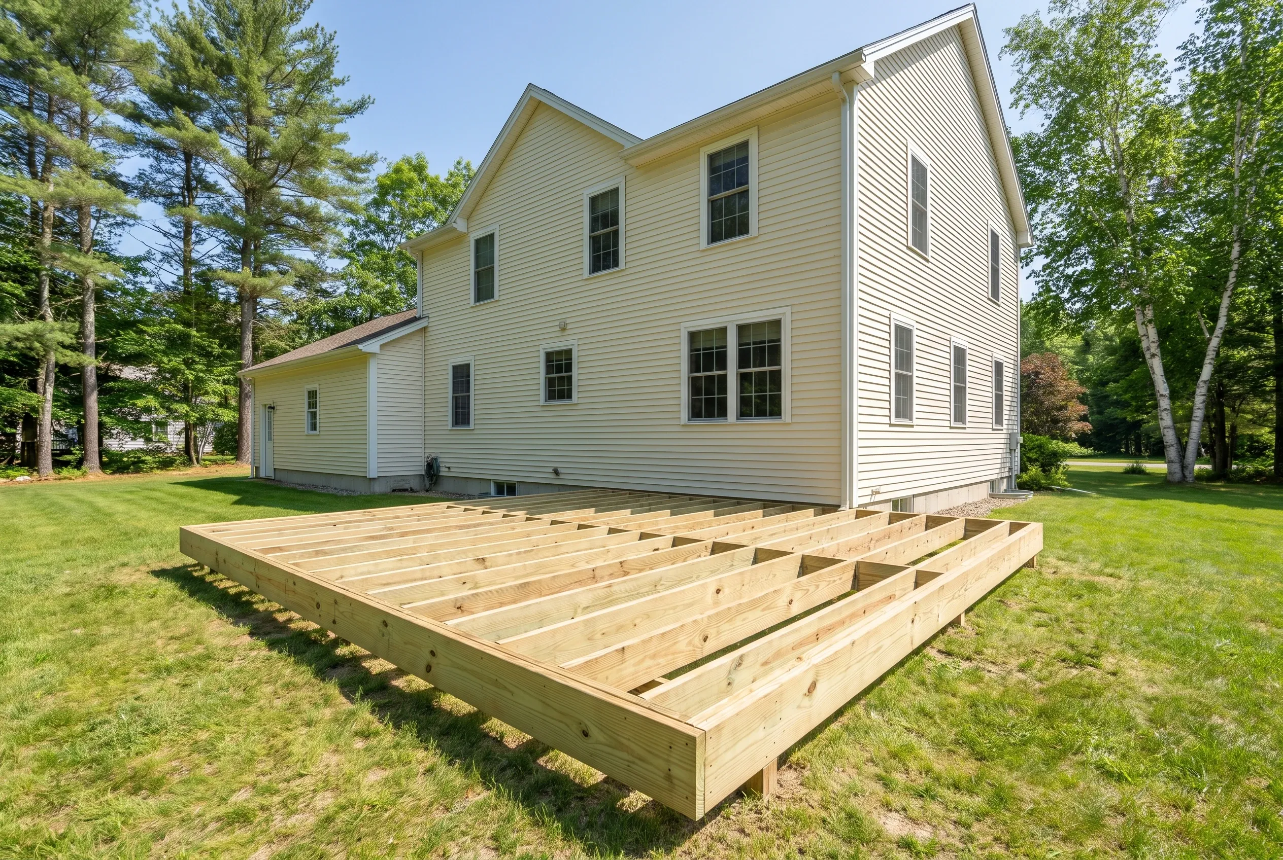 Undecked wood deck frame with joists and corner posts set on a lawn near a pale yellow two-story house