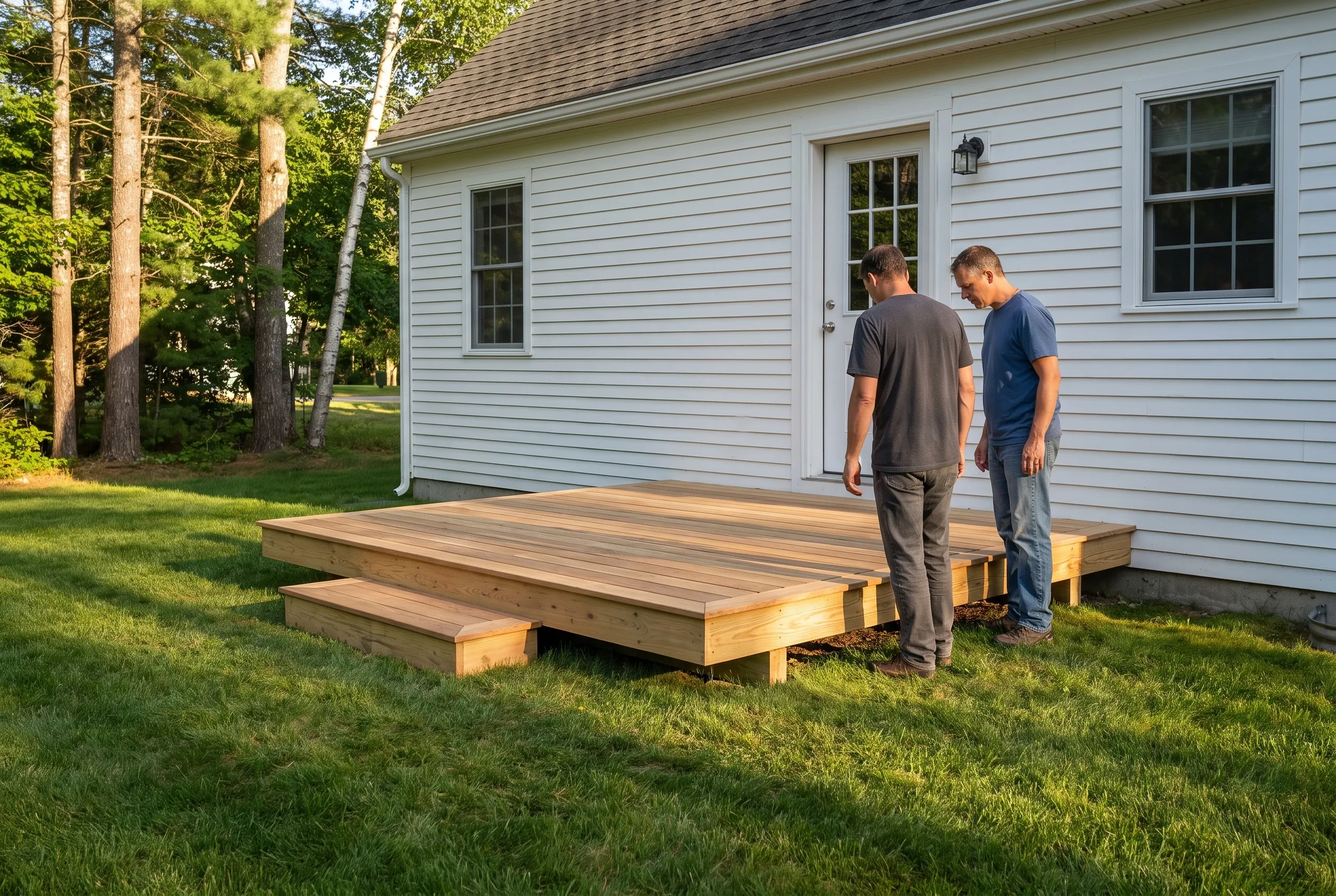 Two men standing beside a finished low wood deck with a step, looking at the boards outside a white-sided house