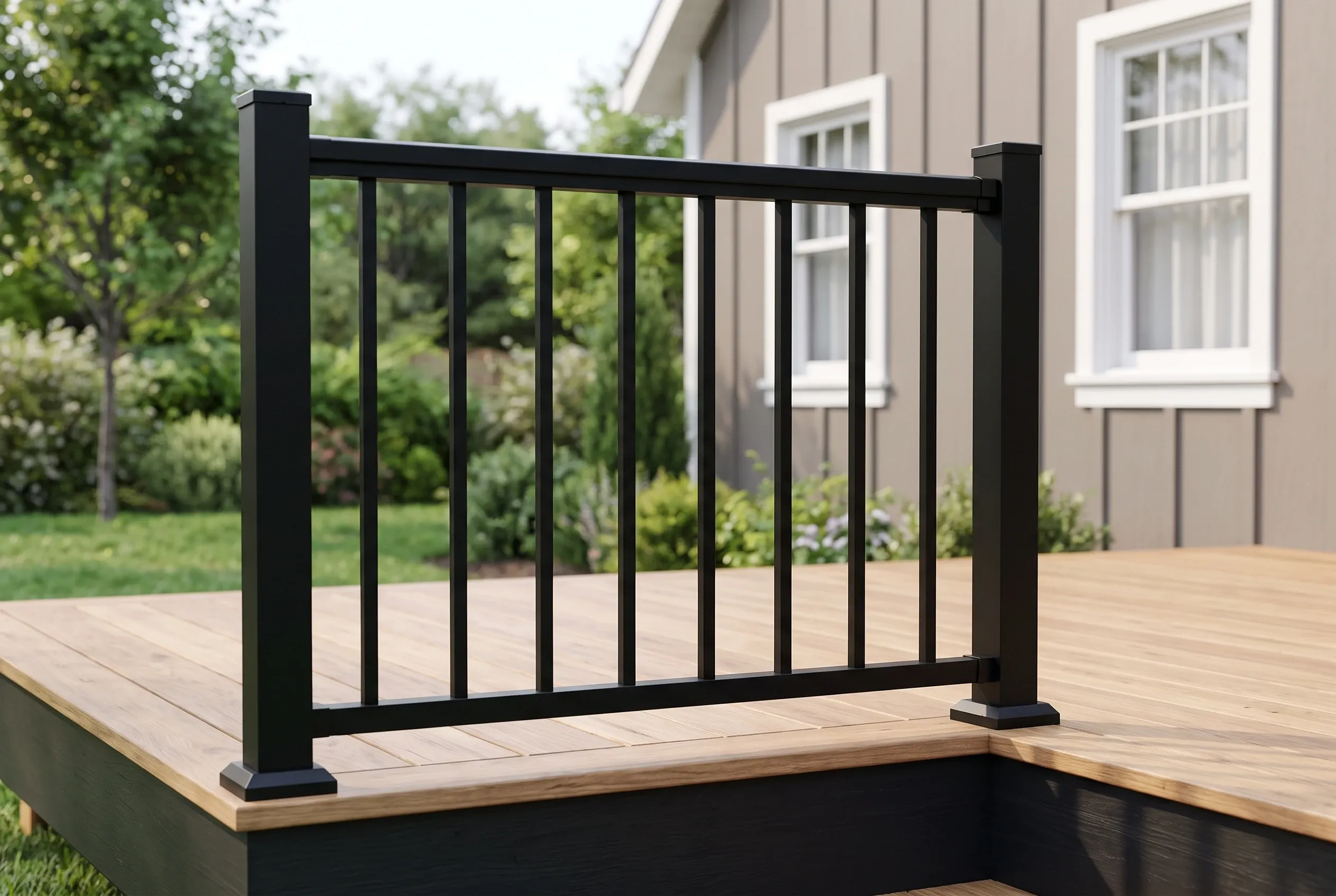 Black railing panel with vertical balusters on a brown-board deck with an inside corner, next to a gray sided house