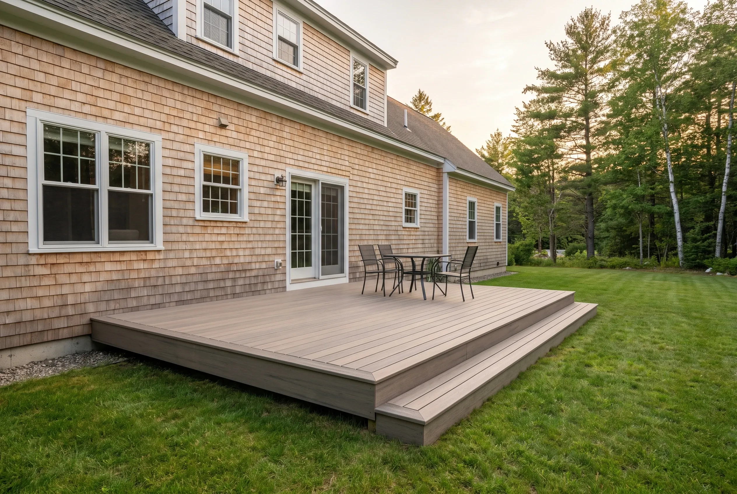 Deck builders in Gray, ME: low gray-brown deck with a full-width step and patio dining set beside a cedar-shingled house