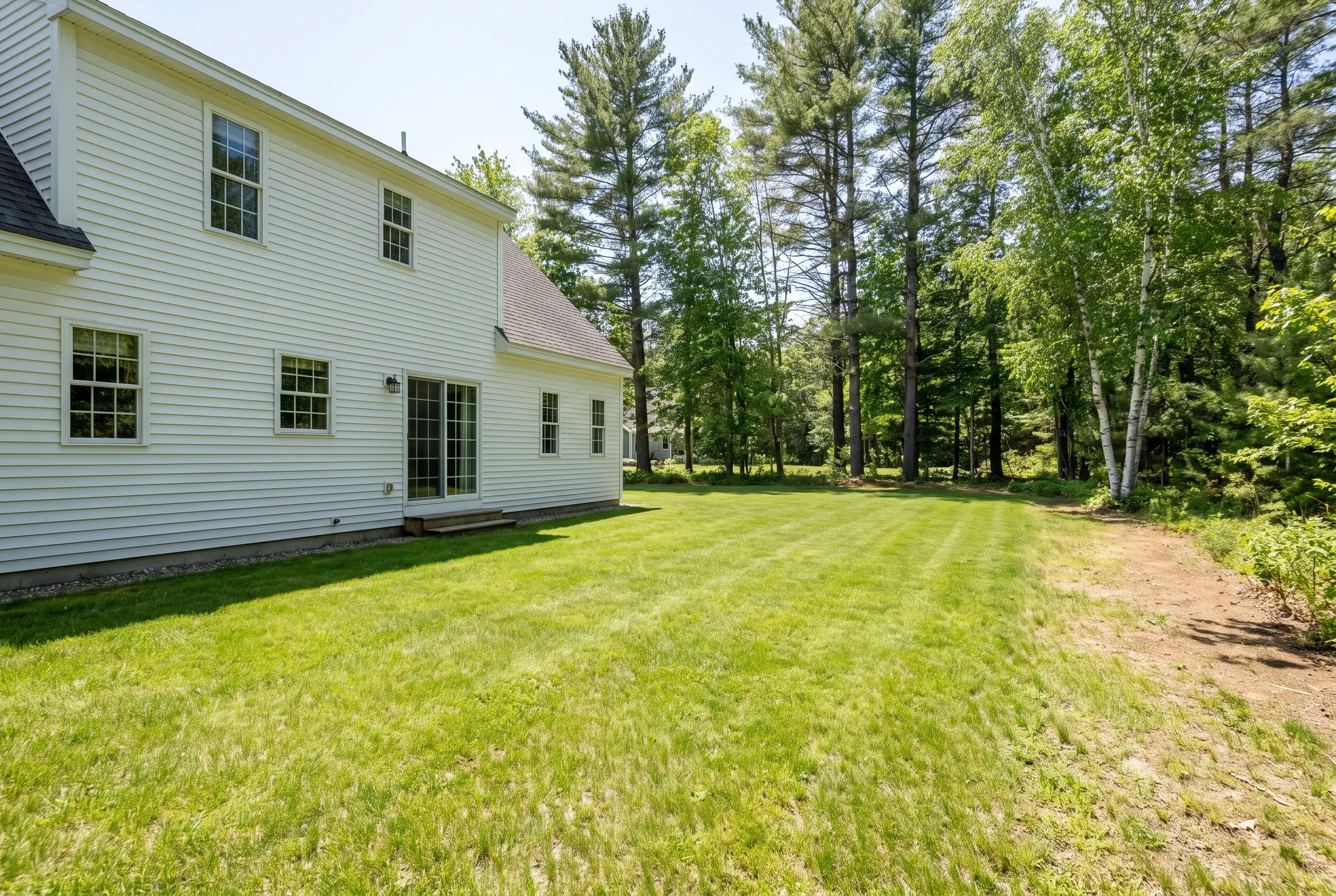 Open grassy backyard behind a white two-story house with sliding door, bordered by pine and birch trees