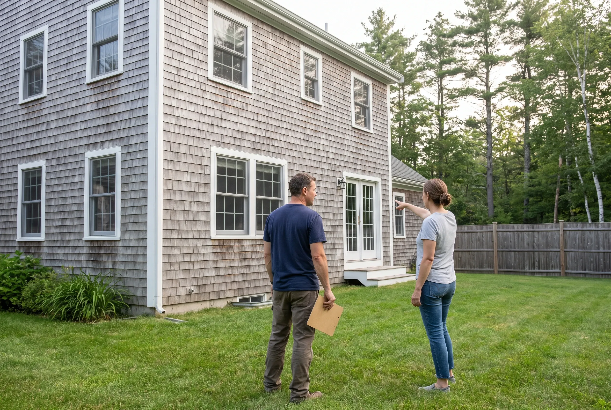 Two people talking in a backyard beside a shingled house, one holding a clipboard while the other points toward the house