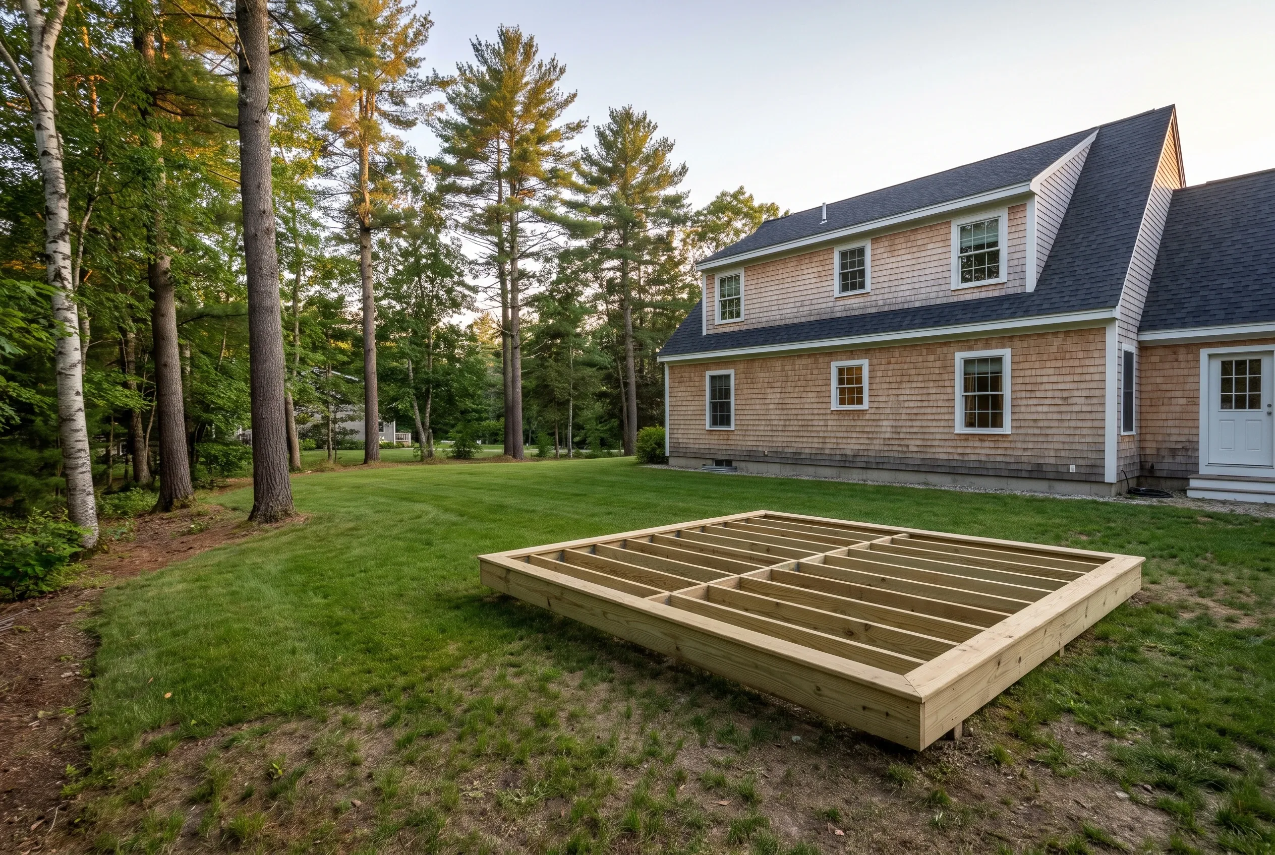 Undecked wood deck frame with joists resting on a lawn in a wooded backyard near a shingled house