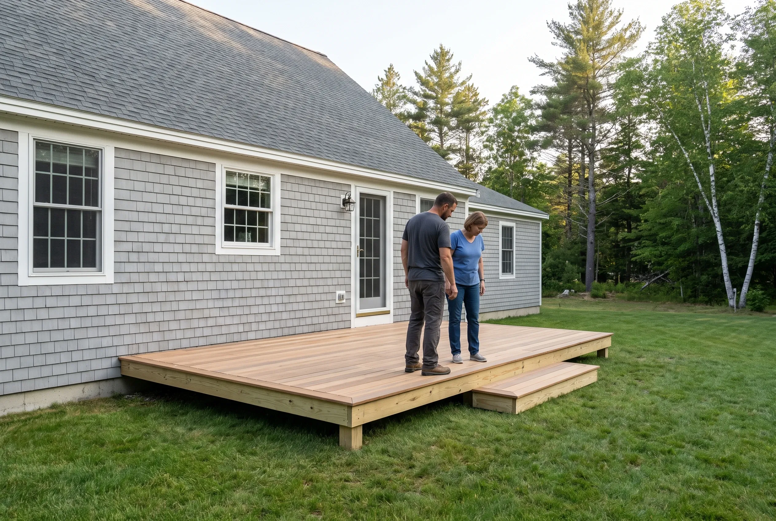 Two people standing on a finished low wood deck with a step, attached to a gray shingled house