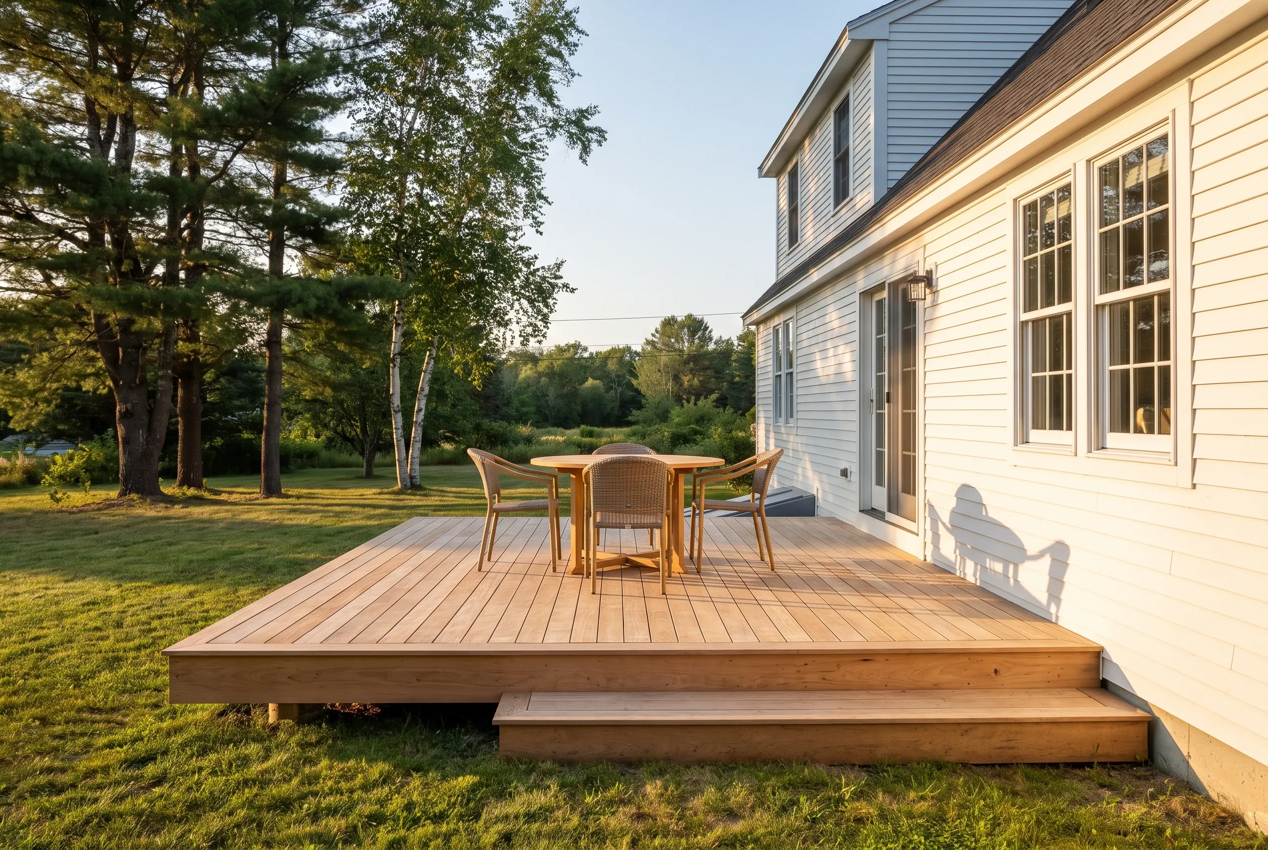 Low wood deck with a full-width step, round table and chairs, attached to a white-sided house near trees