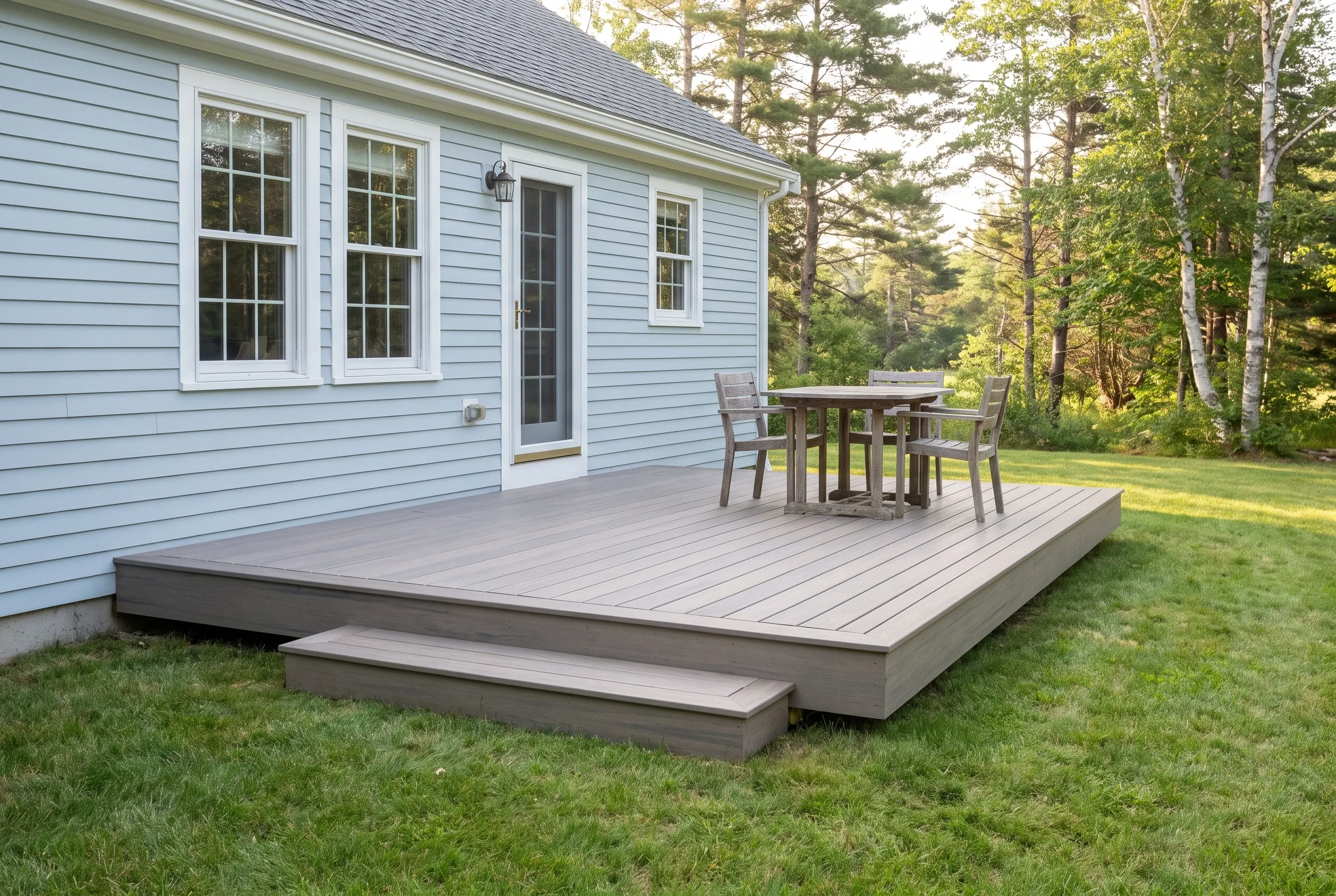 Deck builders in Harpswell, ME: low gray-board deck with single step, outdoor table and chairs beside light blue clapboard house and lawn