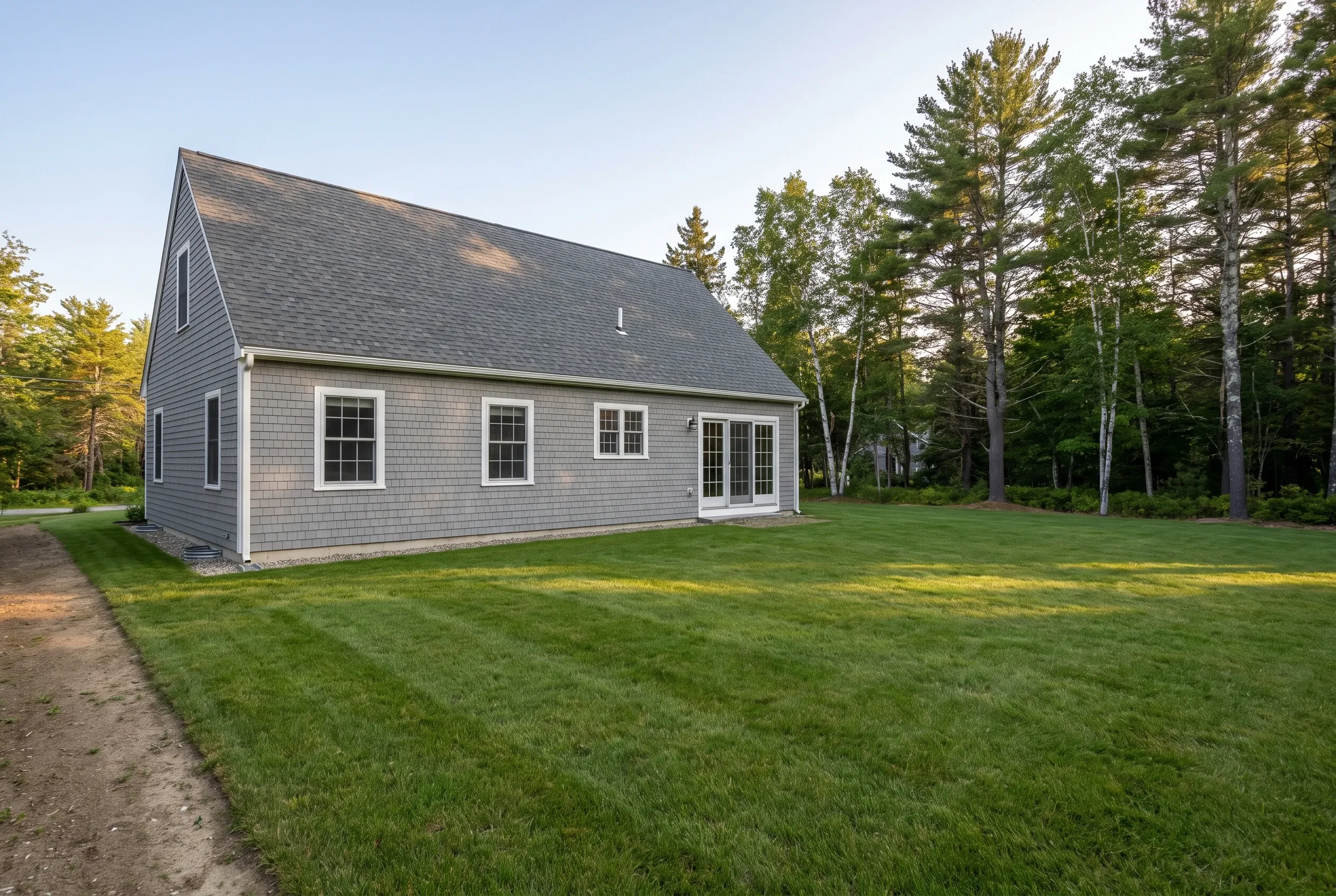 Rear of gray shingled cape-style house with open mowed lawn, dirt path along side, and tall pine and birch trees