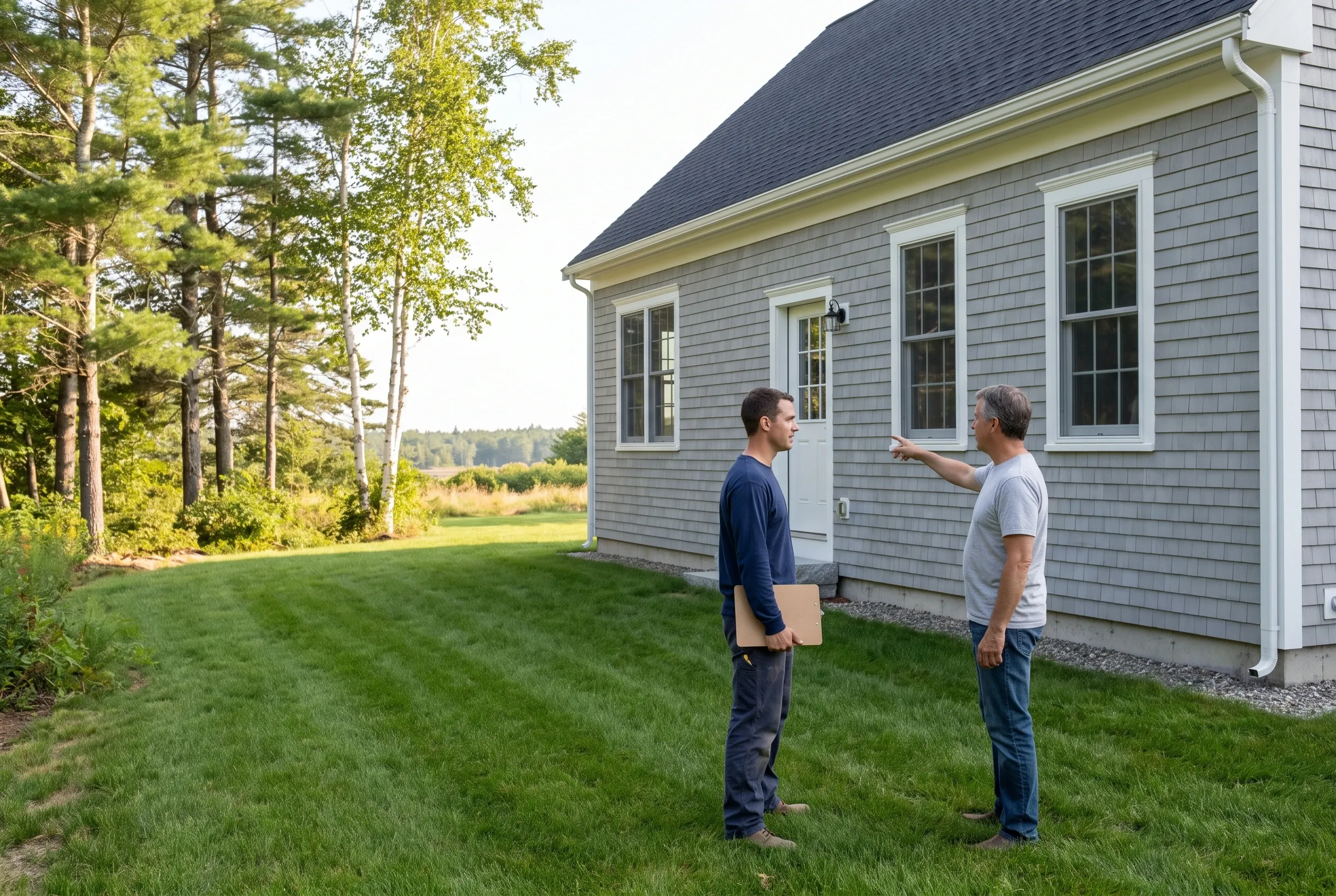 Two men talking on a lawn beside a gray shingled house, one holding a clipboard while the other points toward the house