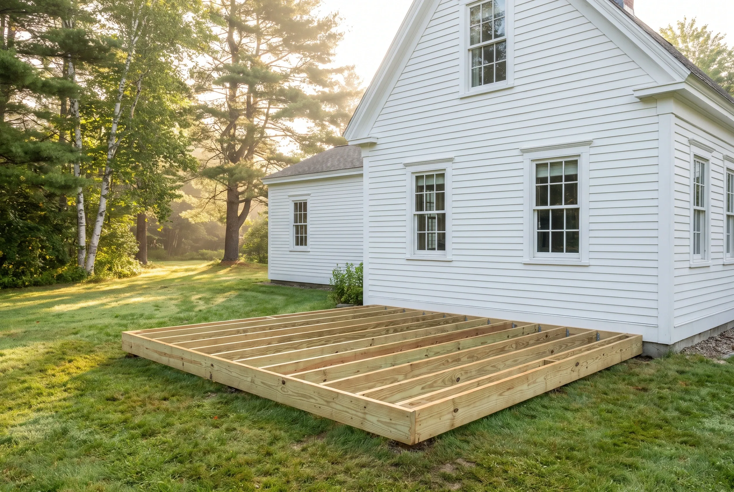 Undecked wood deck frame with rim boards and parallel joists sitting on grass next to a white clapboard house